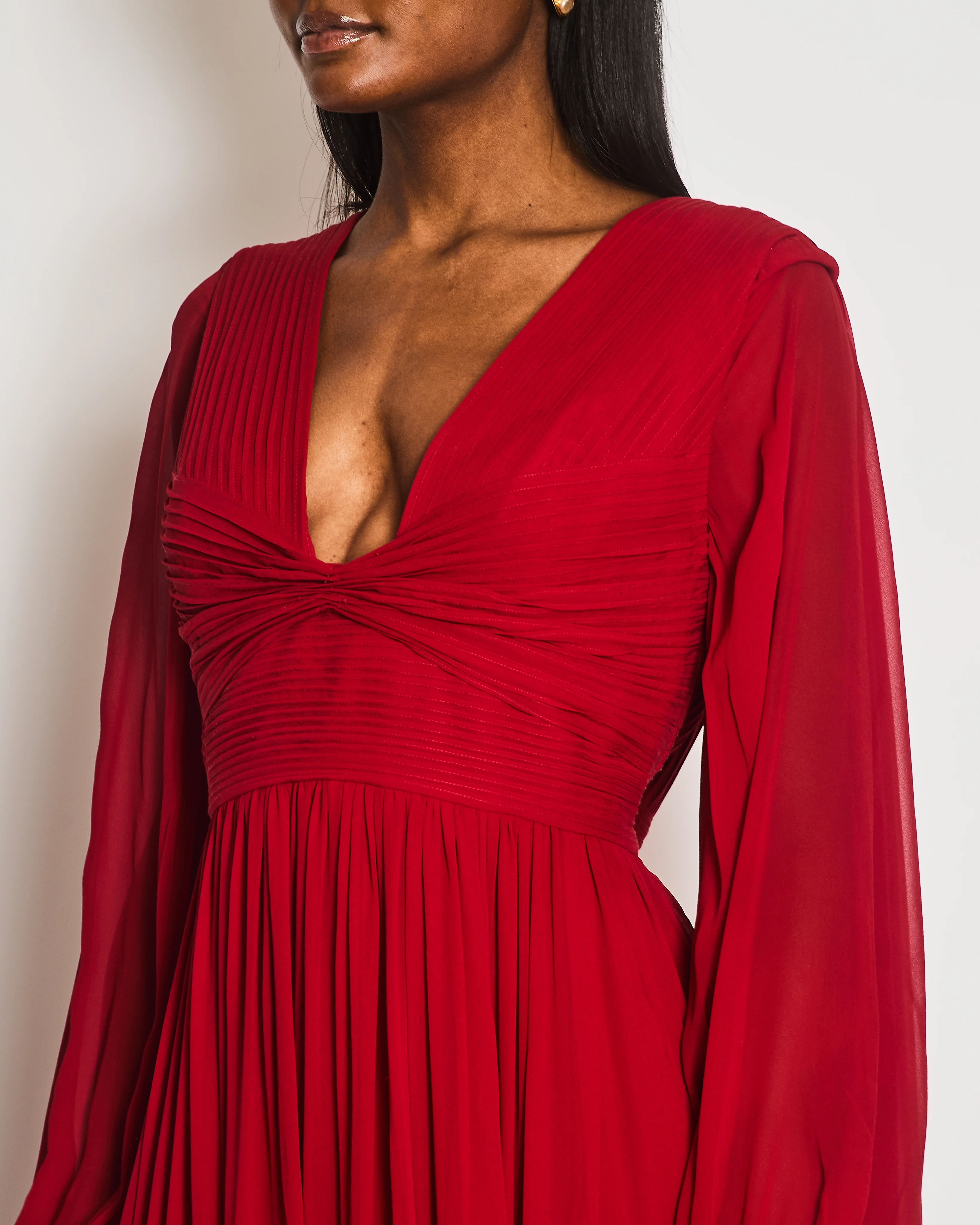 Elie Saab Red Silk Pleated Gown with Back Drapes and Gold Buttons Detail Size FR 44 (UK 16) - Image 3