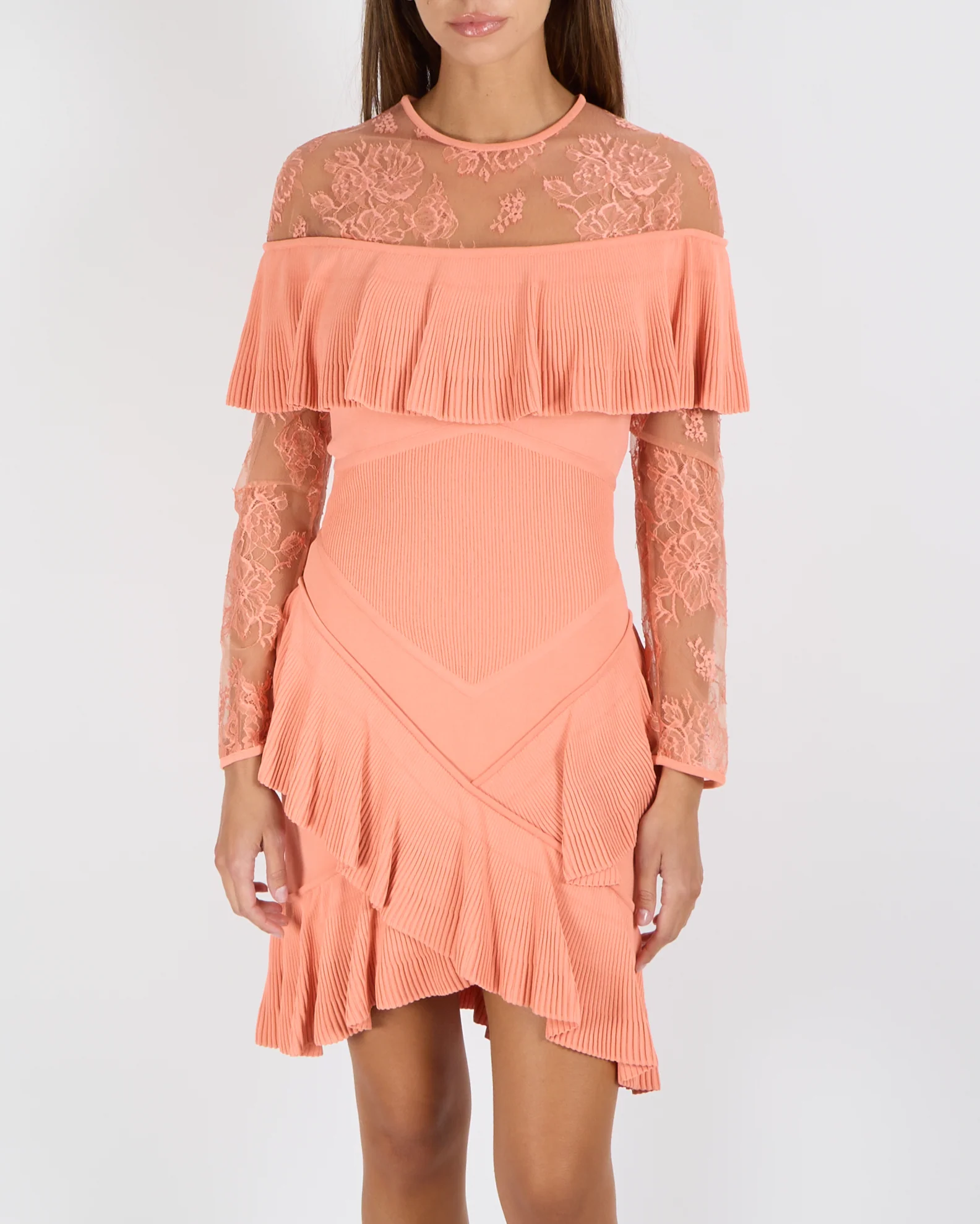 Elie Saab Resort 2018 Coral Pink Long-Sleeve Mini Ruffle Dress with Lace Details Size FR 38 (UK 10) - Image 2