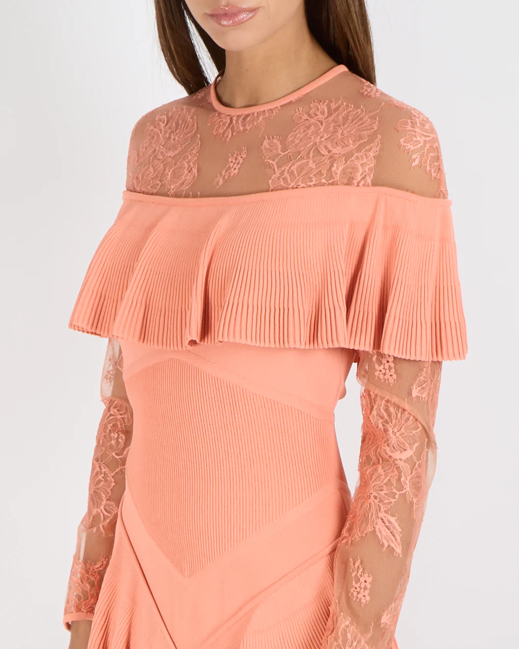 Elie Saab Resort 2018 Coral Pink Long-Sleeve Mini Ruffle Dress with Lace Details Size FR 38 (UK 10) - Image 3