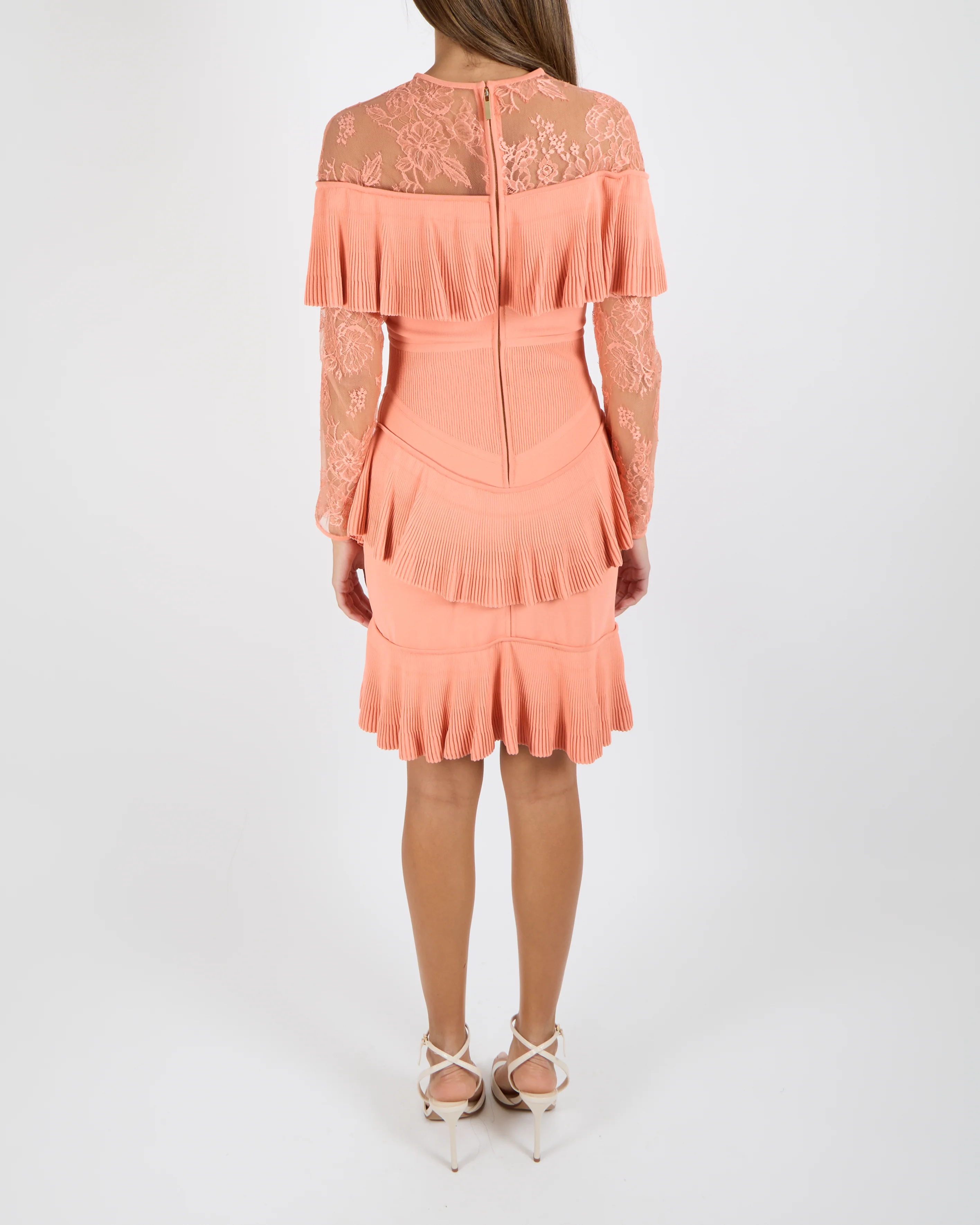 Elie Saab Resort 2018 Coral Pink Long-Sleeve Mini Ruffle Dress with Lace Details Size FR 38 (UK 10) - Image 4
