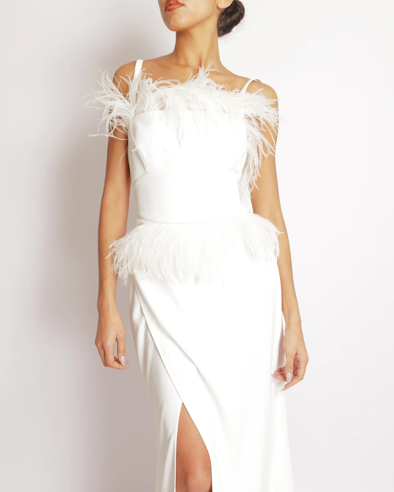 Elie Saab White Long Gown with Asymmetric Straps and Ostrich Feather Trims Size FR 40 (UK 12) - Image 2