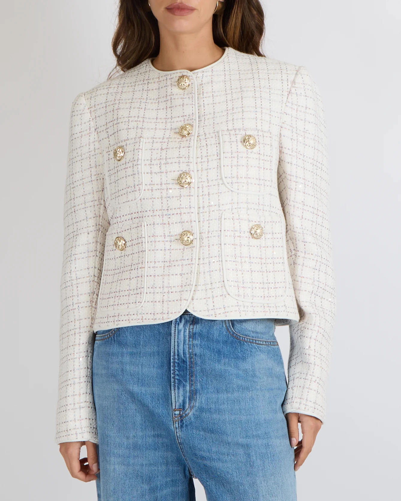 Elie Saab White Sequin Embellished Tweed Jacket with Pastel Multi-Colour Metallic Threads and Gold Buttons Size FR 42 (UK 14) RRP £1,980
