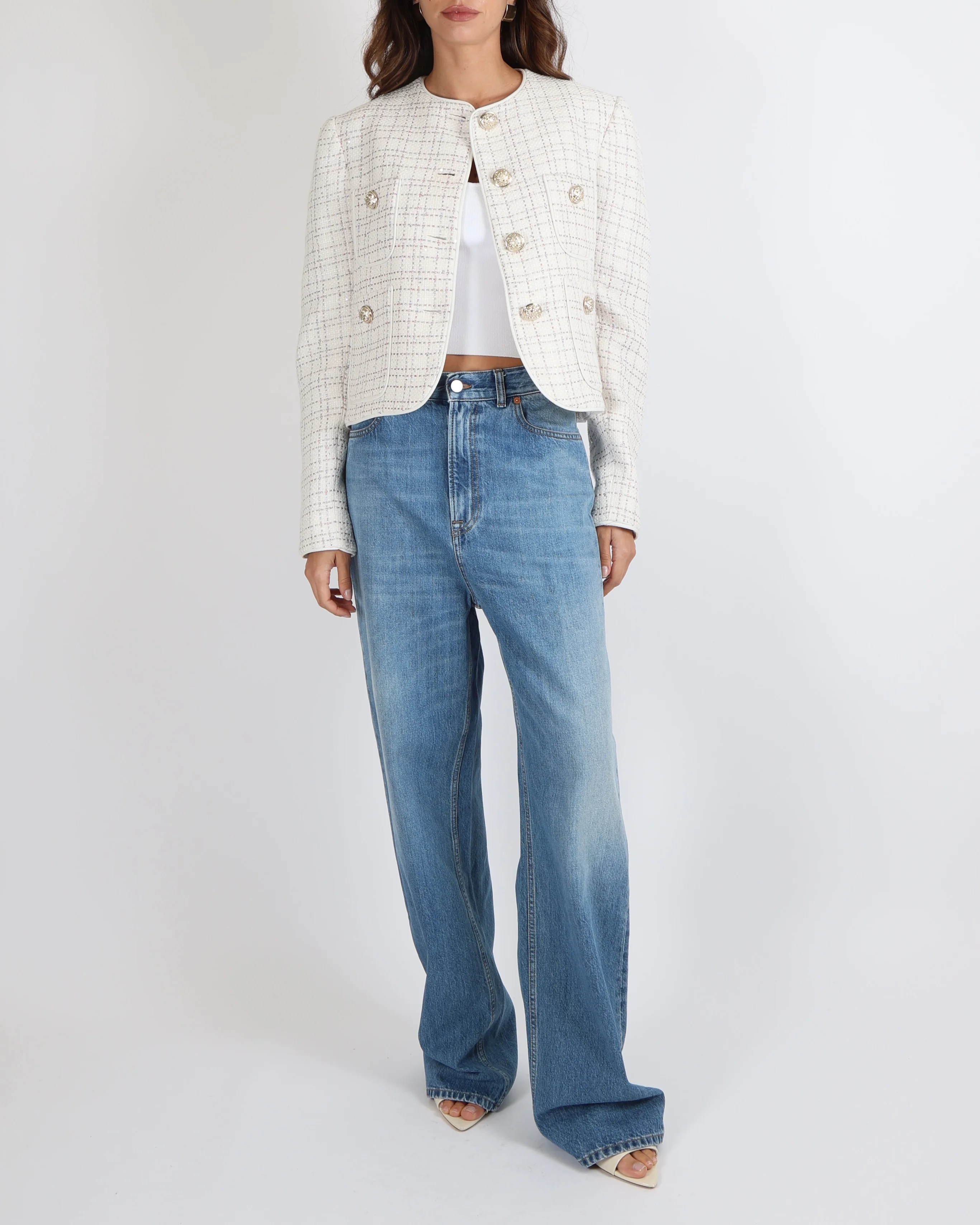 Elie Saab White Sequin Embellished Tweed Jacket with Pastel Multi-Colour Metallic Threads and Gold Buttons Size FR 42 (UK 14) RRP £1,980 - Image 2