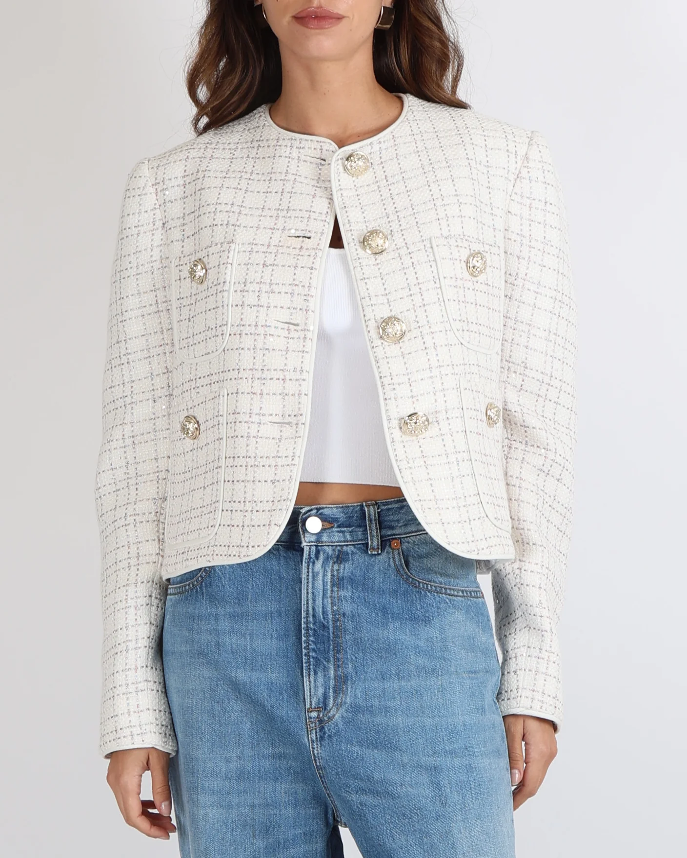 Elie Saab White Sequin Embellished Tweed Jacket with Pastel Multi-Colour Metallic Threads and Gold Buttons Size FR 42 (UK 14) RRP £1,980 - Image 3
