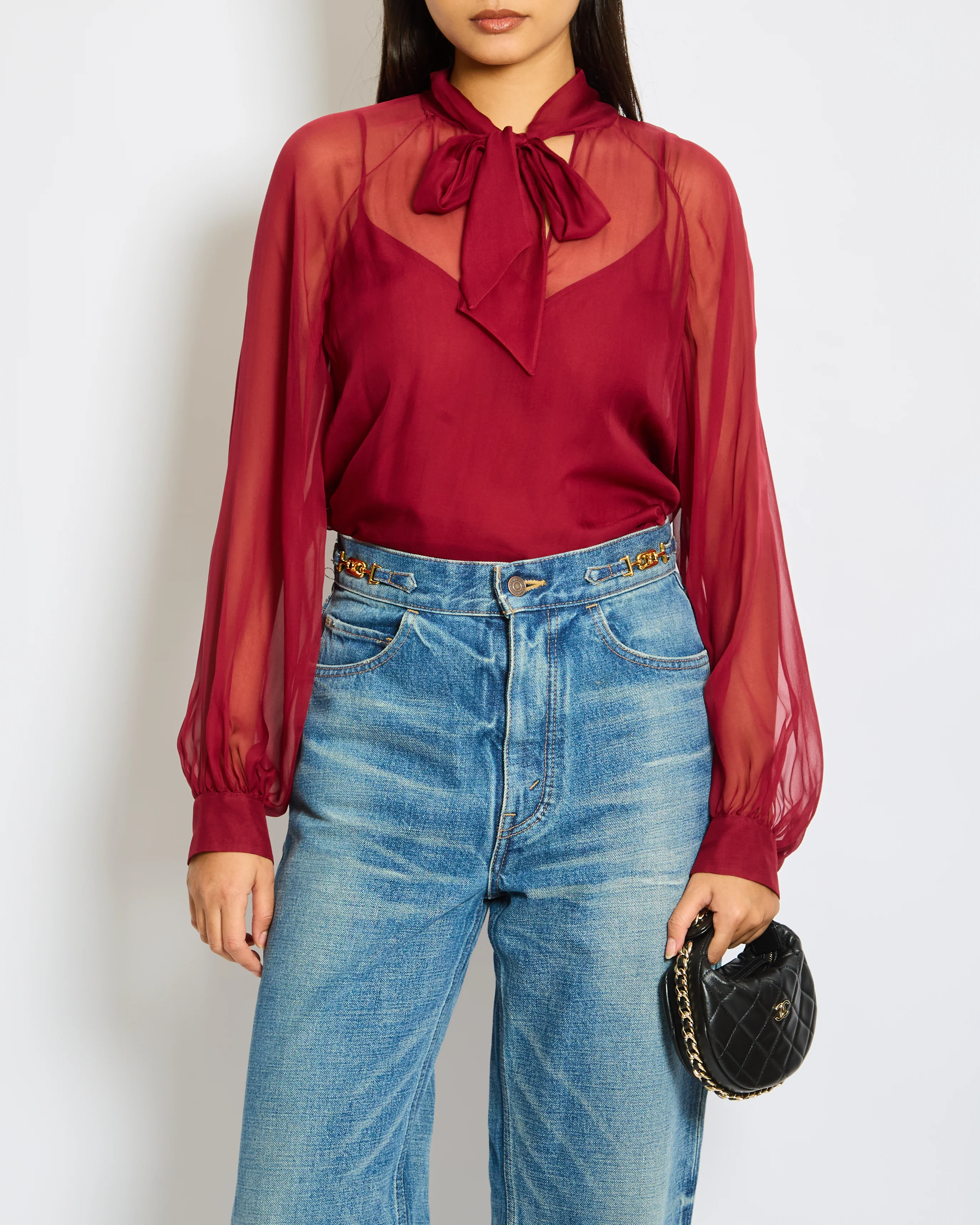 Emilio Pucci Bordeaux Long Sleeve V-Neck Blouse with Tie Detail Size IT 38 (UK 6)