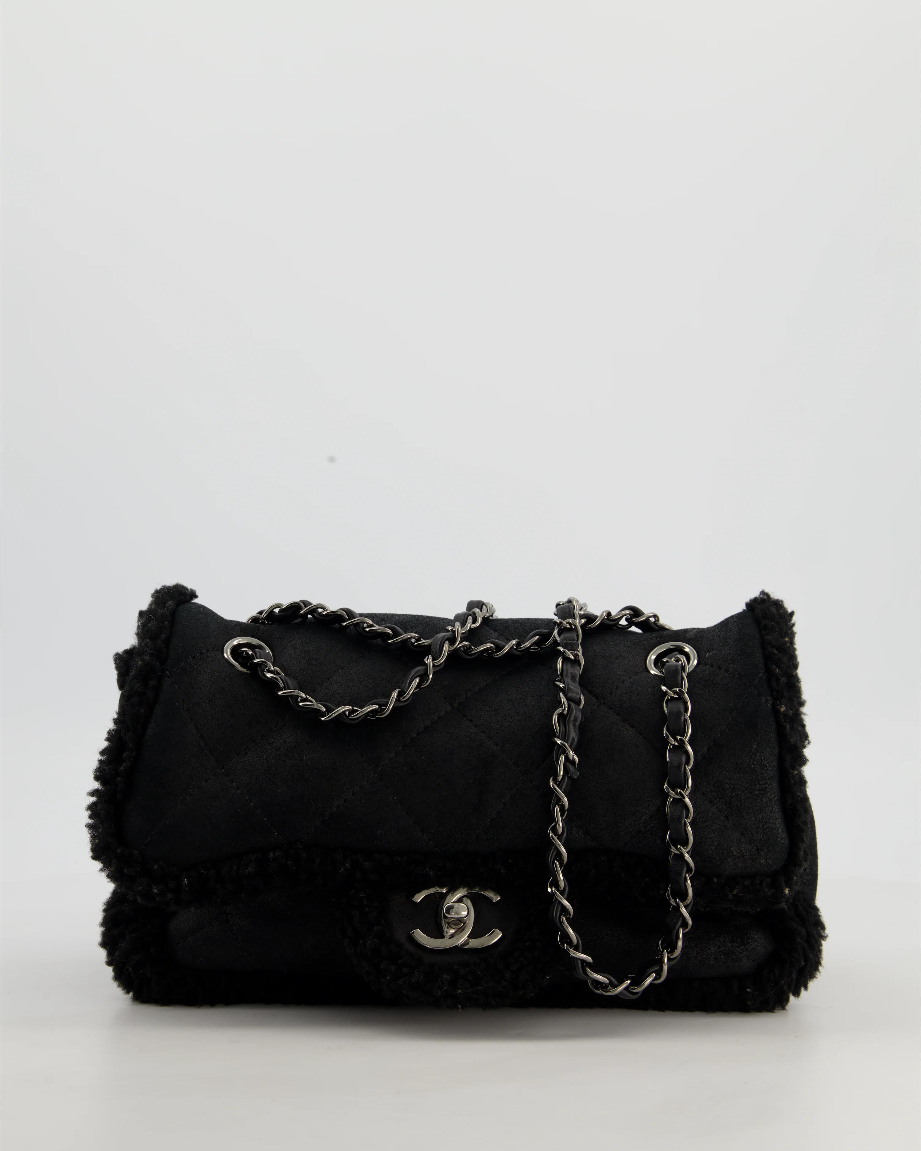 Chanel Black Quilted CC Shearling Small Flap Bag with Ruthenium Hardware