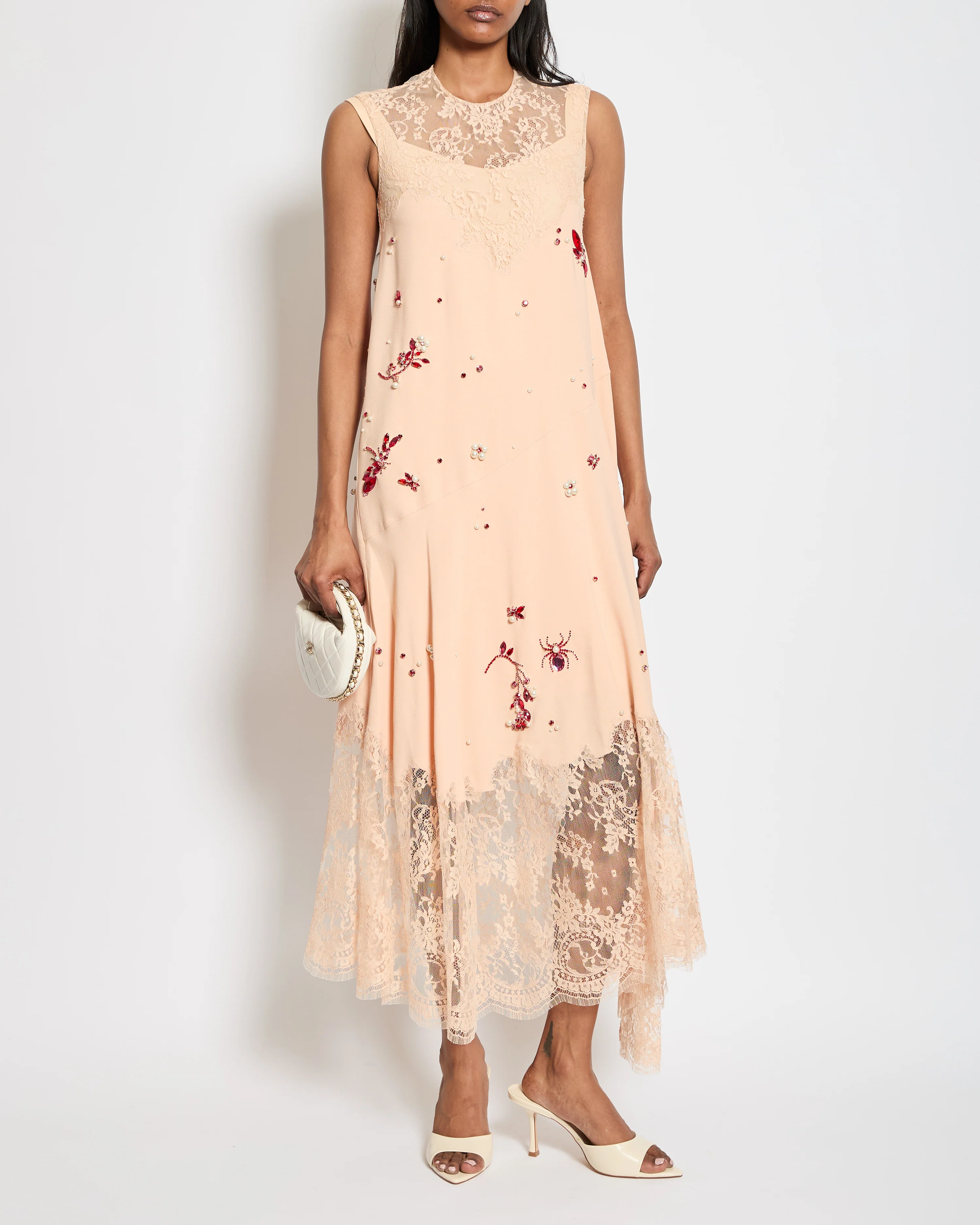 Erdem SS24 Light Pink Sleeveless Maxi Dress with Crystal Embellishments & Lace Trim Details Size UK 4 RRP £5,490
