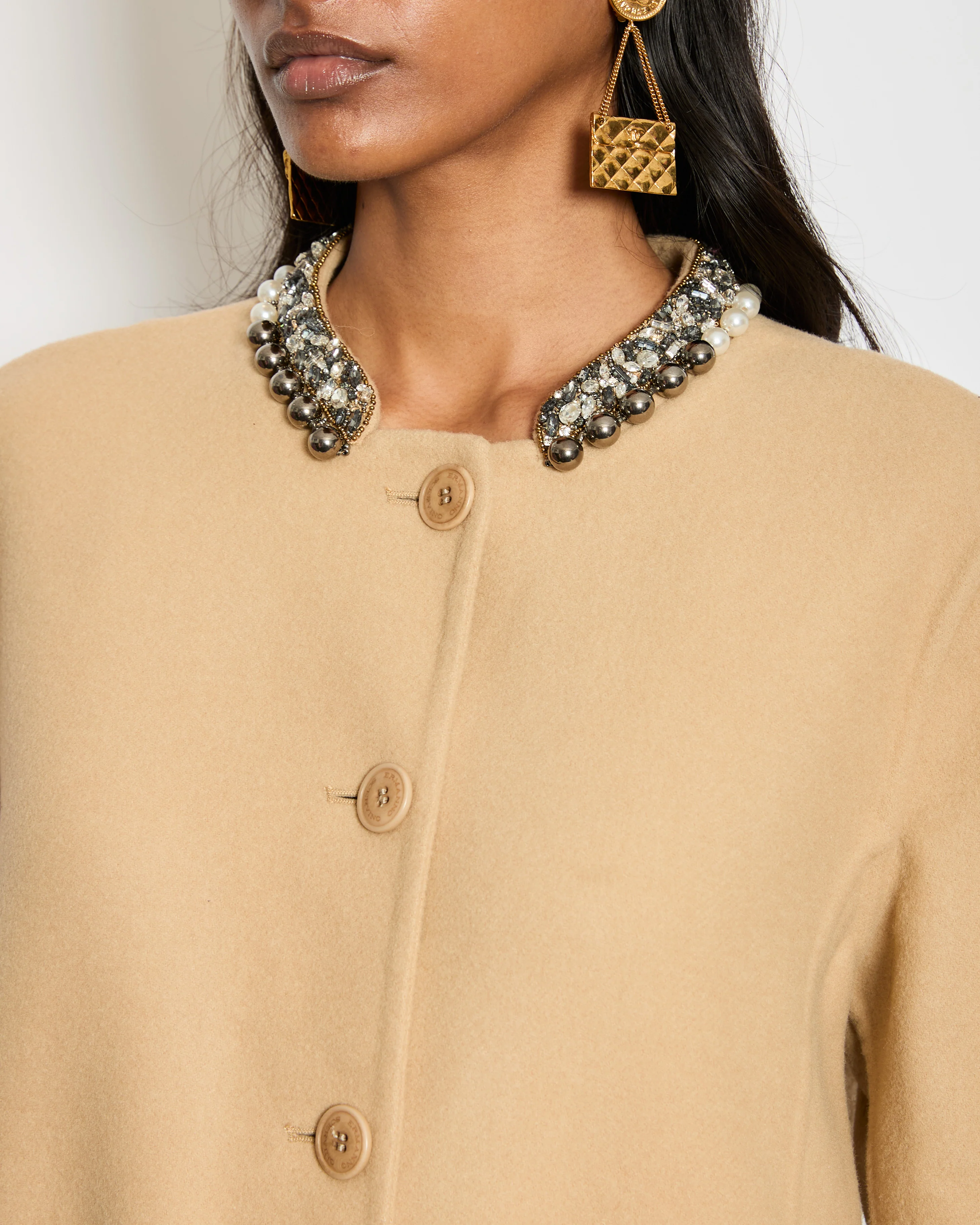 Ermanno Scervino Beige Mid-Lenght Wool Coat with Crystals & Pearls Collar Detail Size IT 36 (UK 4) - Image 2