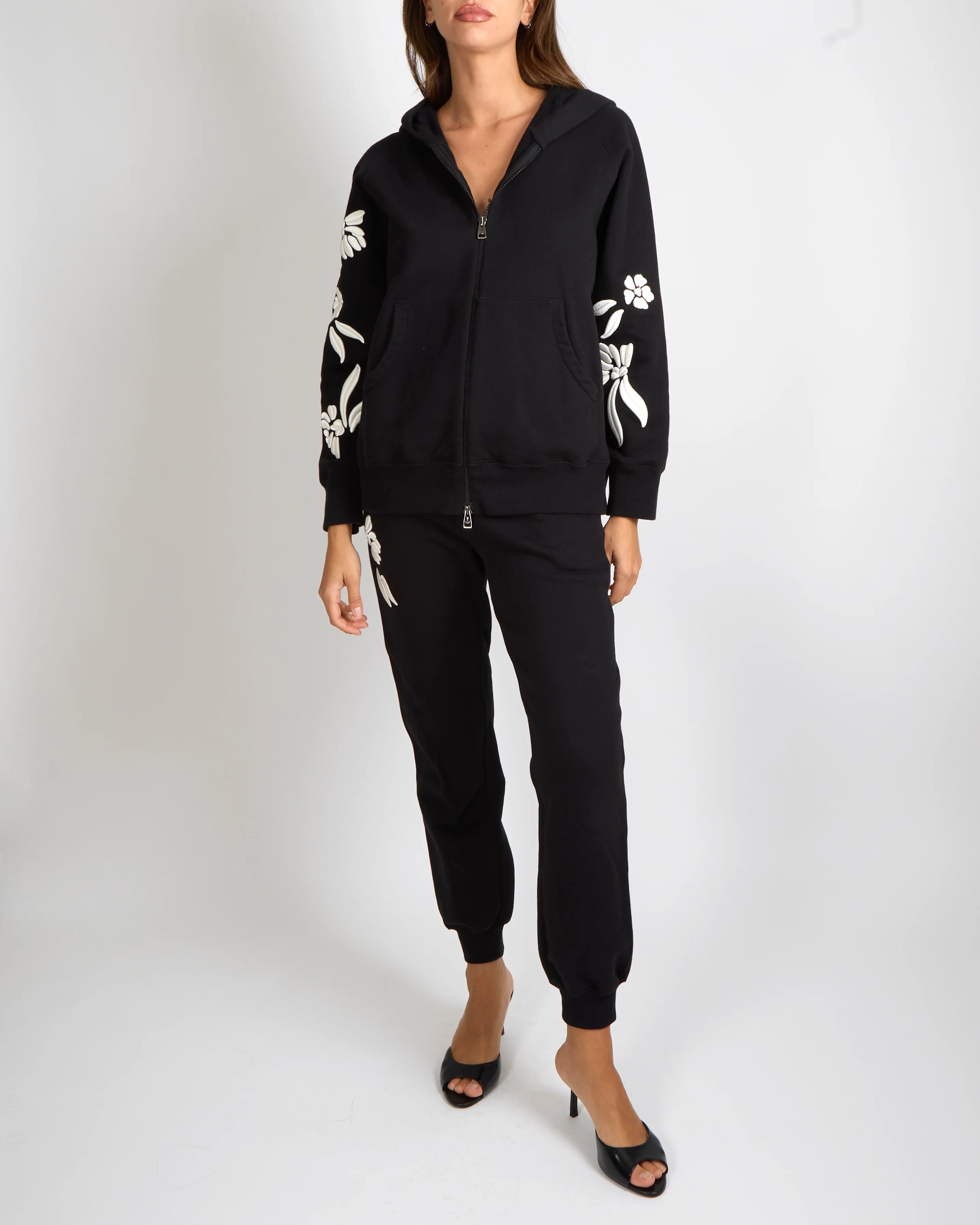 Ermanno Scervino Black Hoodie and Sweatpants Tracksuit Set with White Flower Embroideries Size XS/S (UK 6/8)