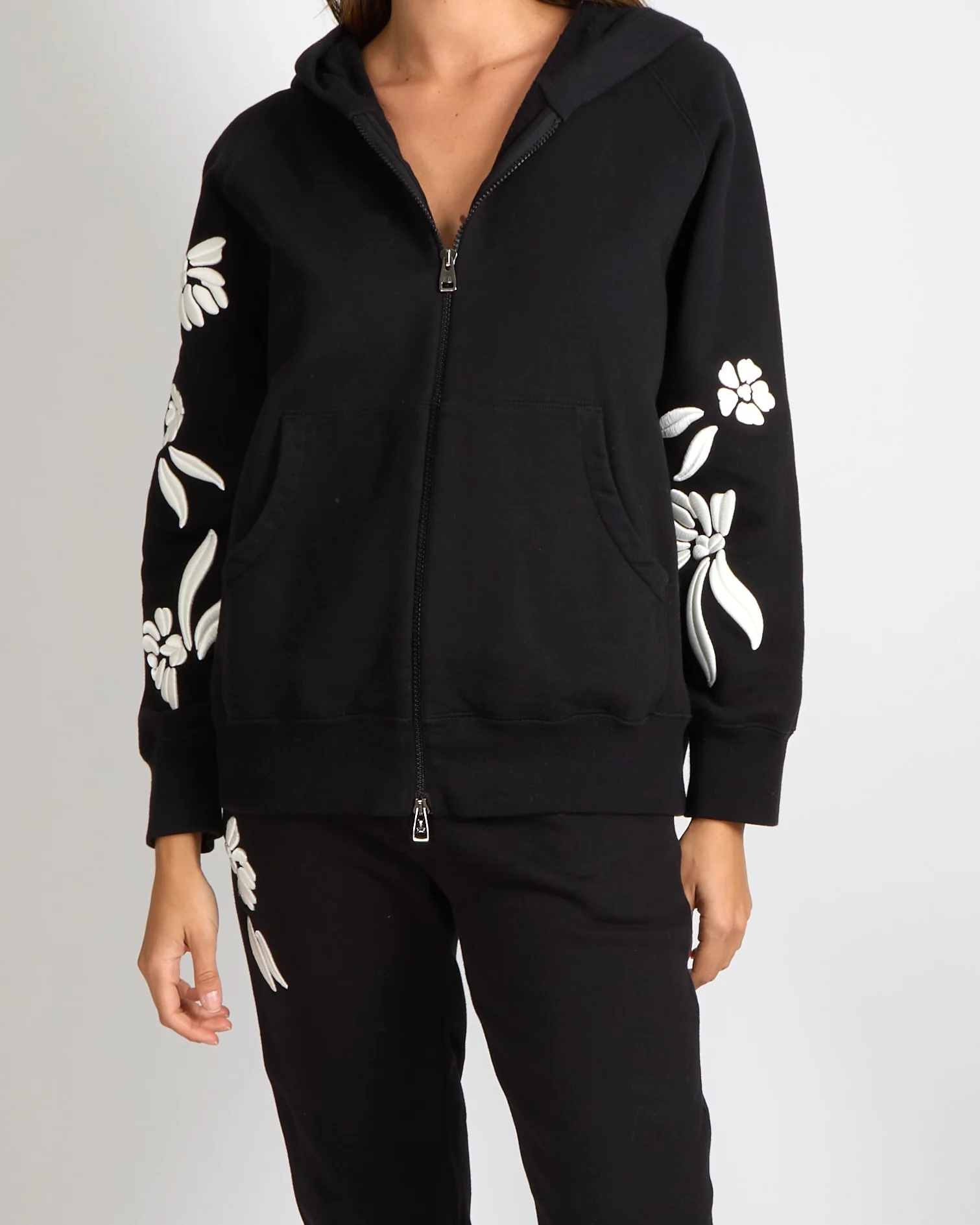 Ermanno Scervino Black Hoodie and Sweatpants Tracksuit Set with White Flower Embroideries Size XS/S (UK 6/8) - Image 2