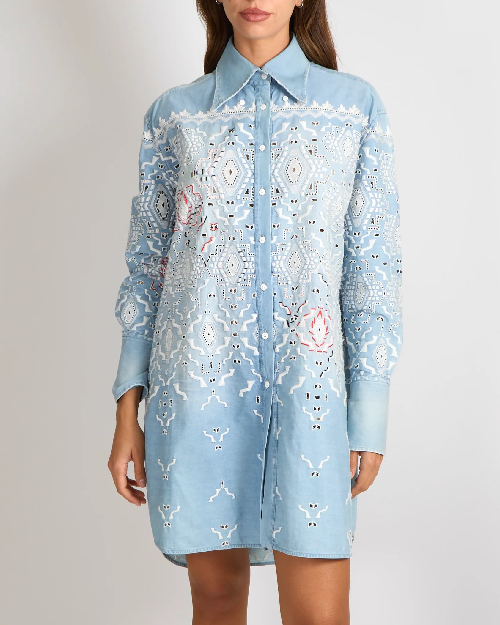 Ermanno Scervino Light Blue Denim Shirt Dress with White and Red Aztec Embroideries and Perforated Details Size IT 36 (UK 4) - Image 2