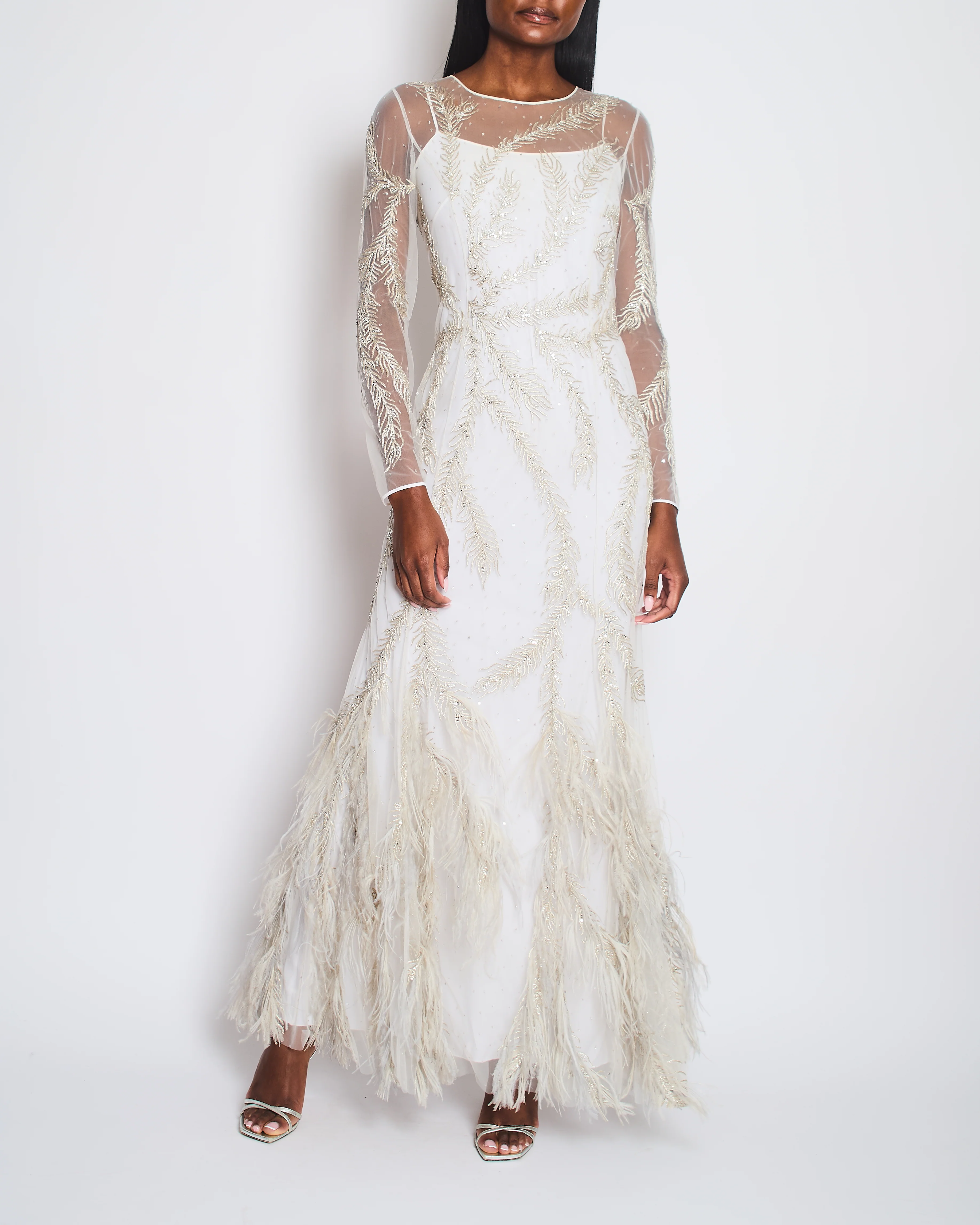 Brunello Cucinelli White Long Sleeve Feather Embellished Gown Size IT 40 (UK 8)