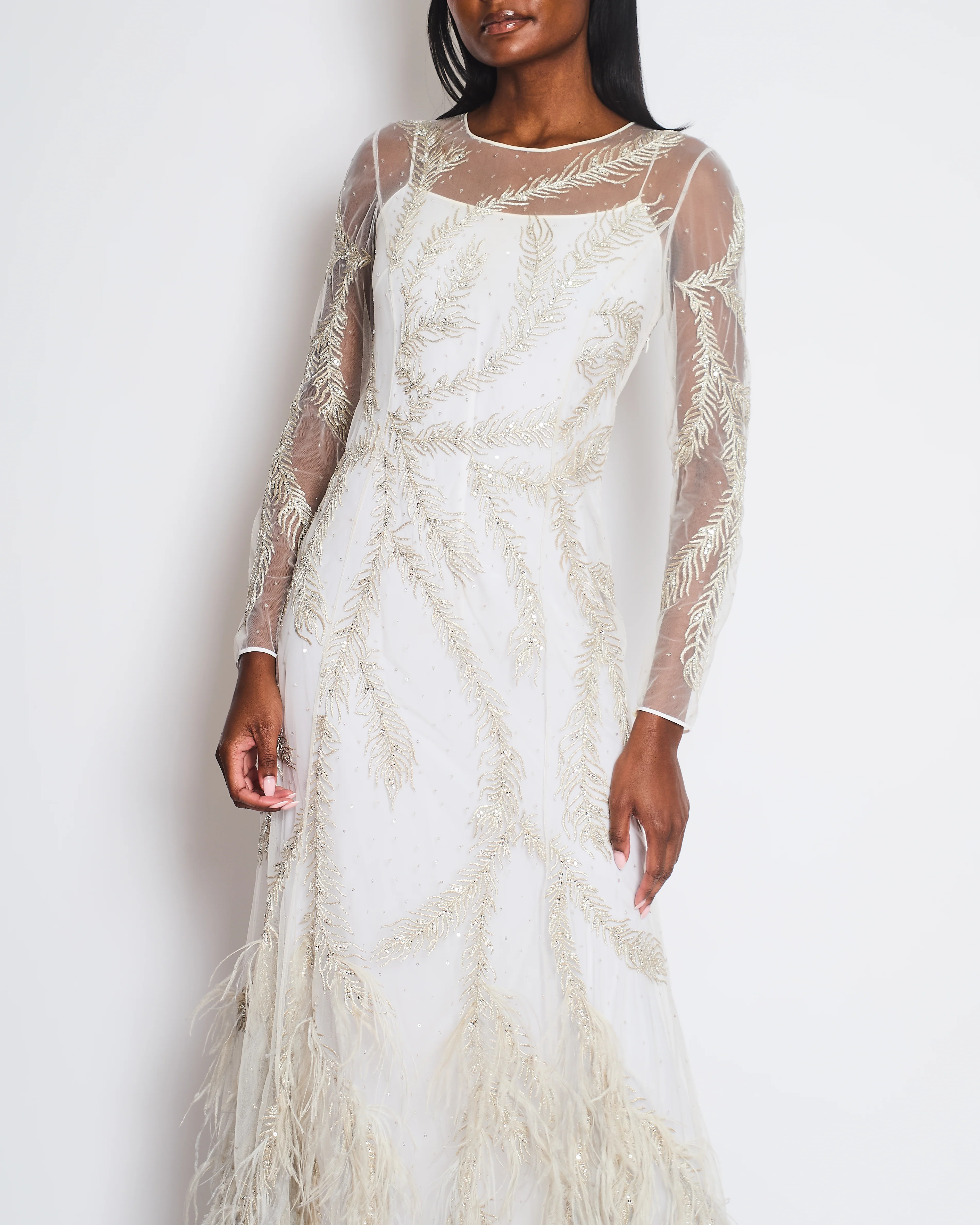 Brunello Cucinelli White Long Sleeve Feather Embellished Gown Size IT 40 (UK 8) - Image 2