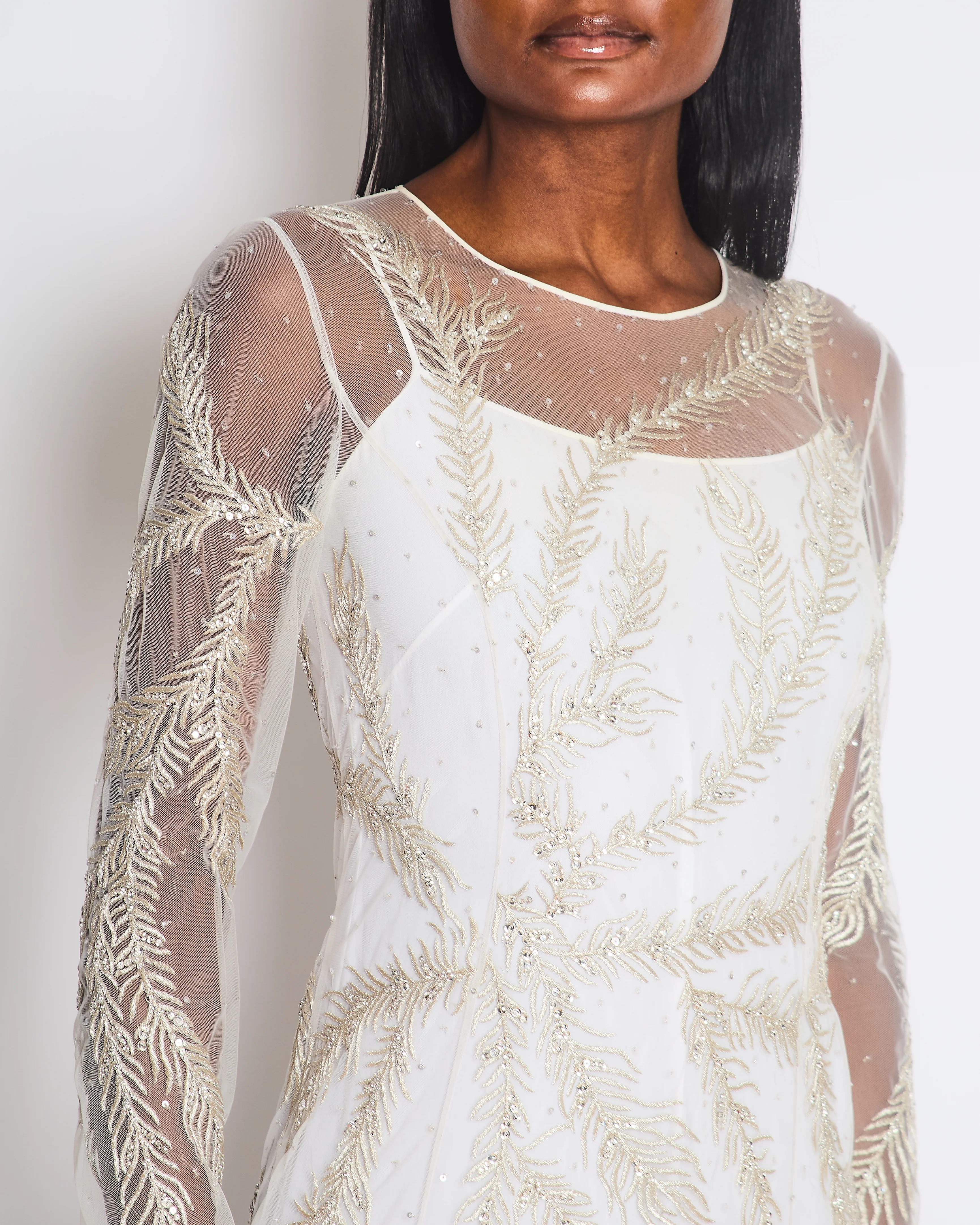 Brunello Cucinelli White Long Sleeve Feather Embellished Gown Size IT 40 (UK 8) - Image 3