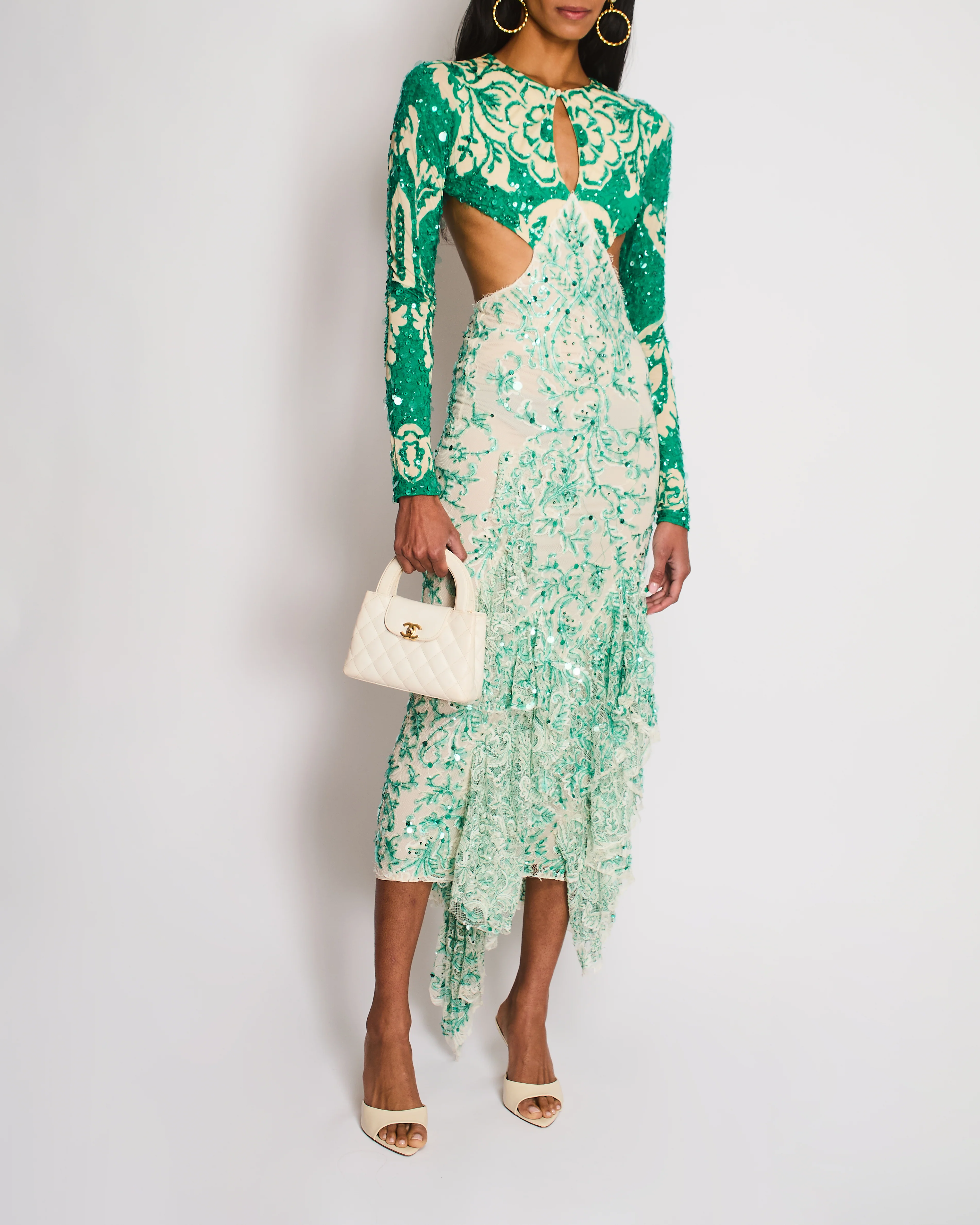 Etro Green Long Sleeve Sequin Gown with Cut-Out and Lace Detail Size IT 38 (UK 6)