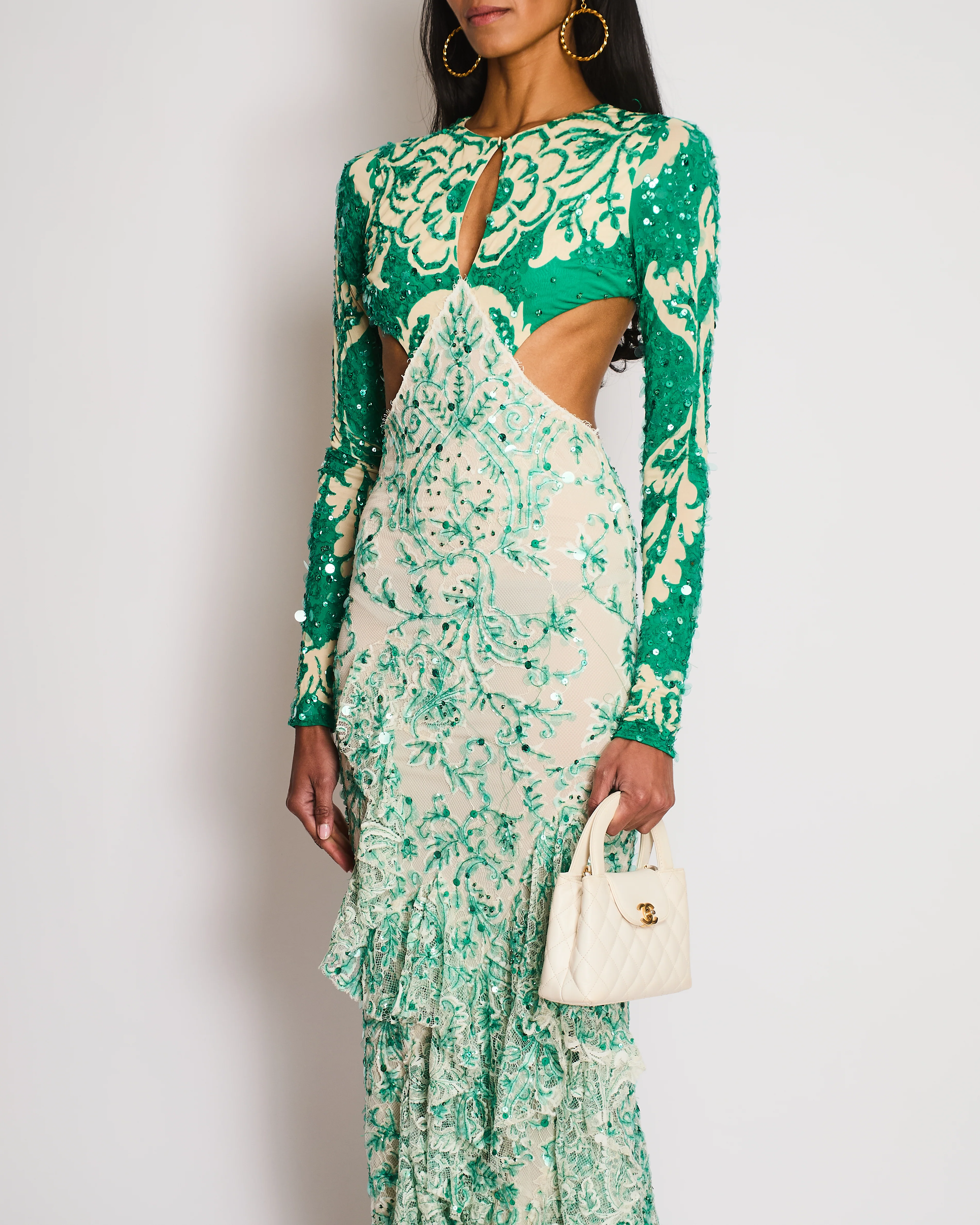 Etro Green Long Sleeve Sequin Gown with Cut-Out and Lace Detail Size IT 38 (UK 6) - Image 2
