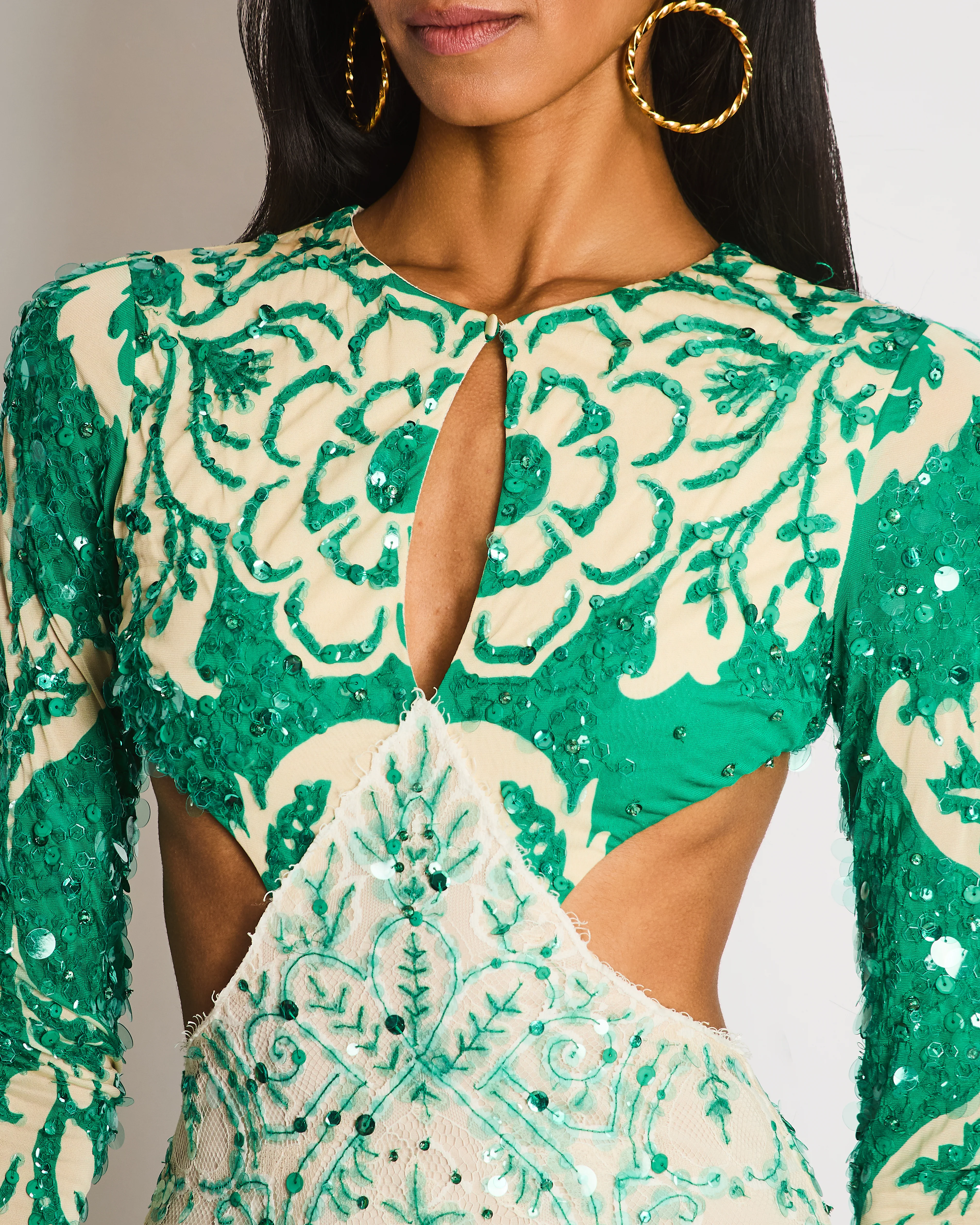 Etro Green Long Sleeve Sequin Gown with Cut-Out and Lace Detail Size IT 38 (UK 6) - Image 3