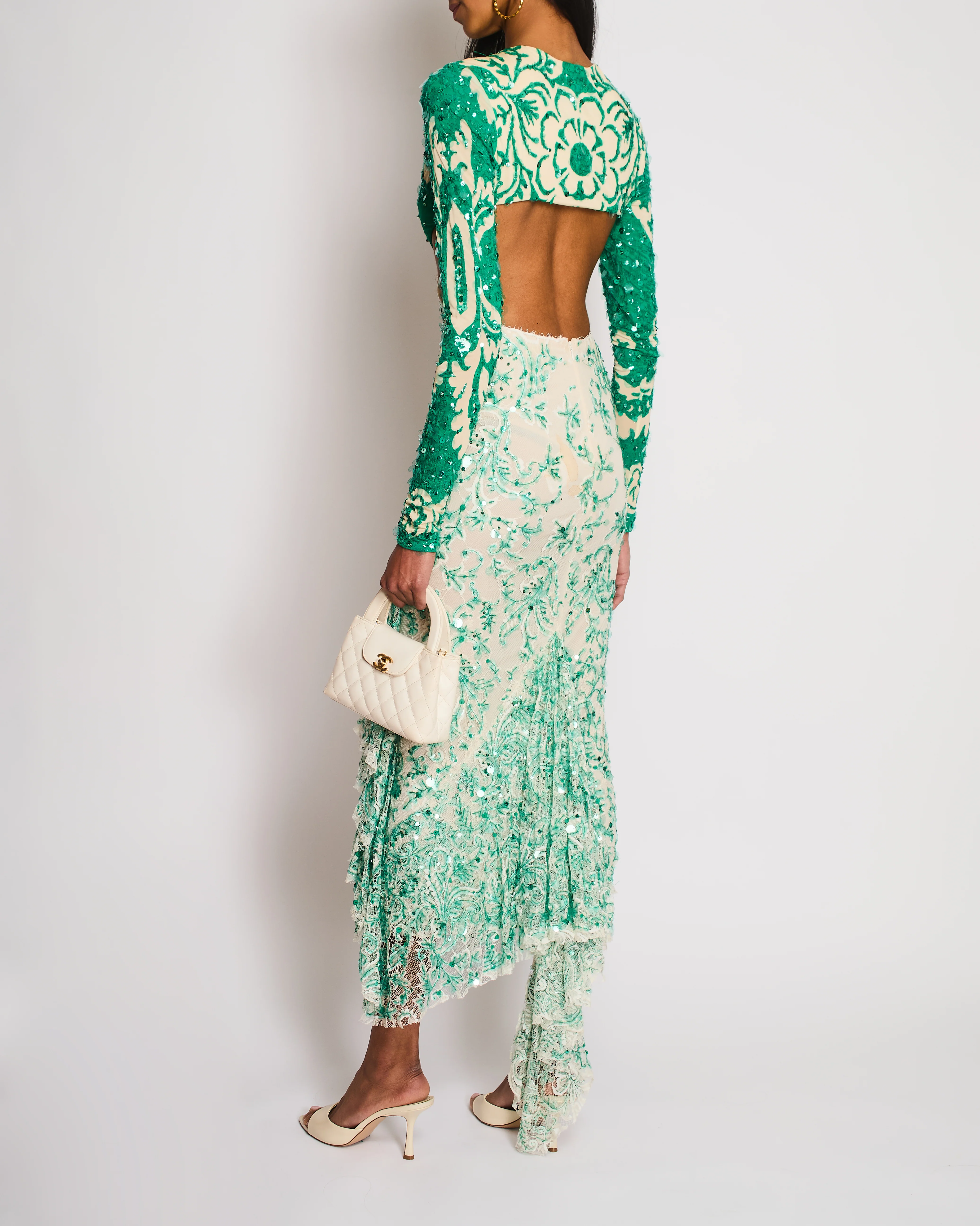 Etro Green Long Sleeve Sequin Gown with Cut-Out and Lace Detail Size IT 38 (UK 6) - Image 5