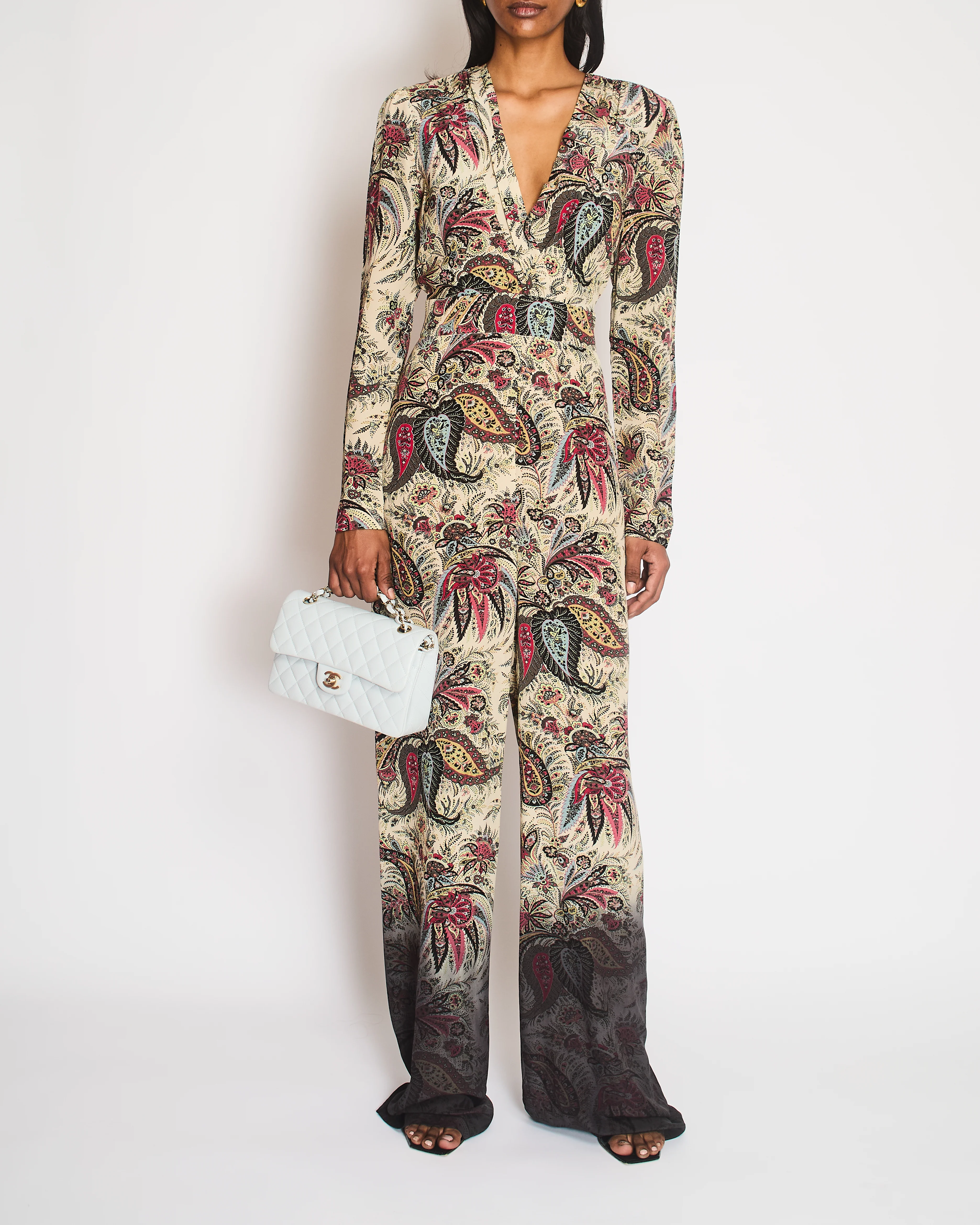 Etro Multi-Colour Silk Paisley Print Long-Sleeved Jumpsuit wit V-Neck Detail Size IT 42 (UK 10)