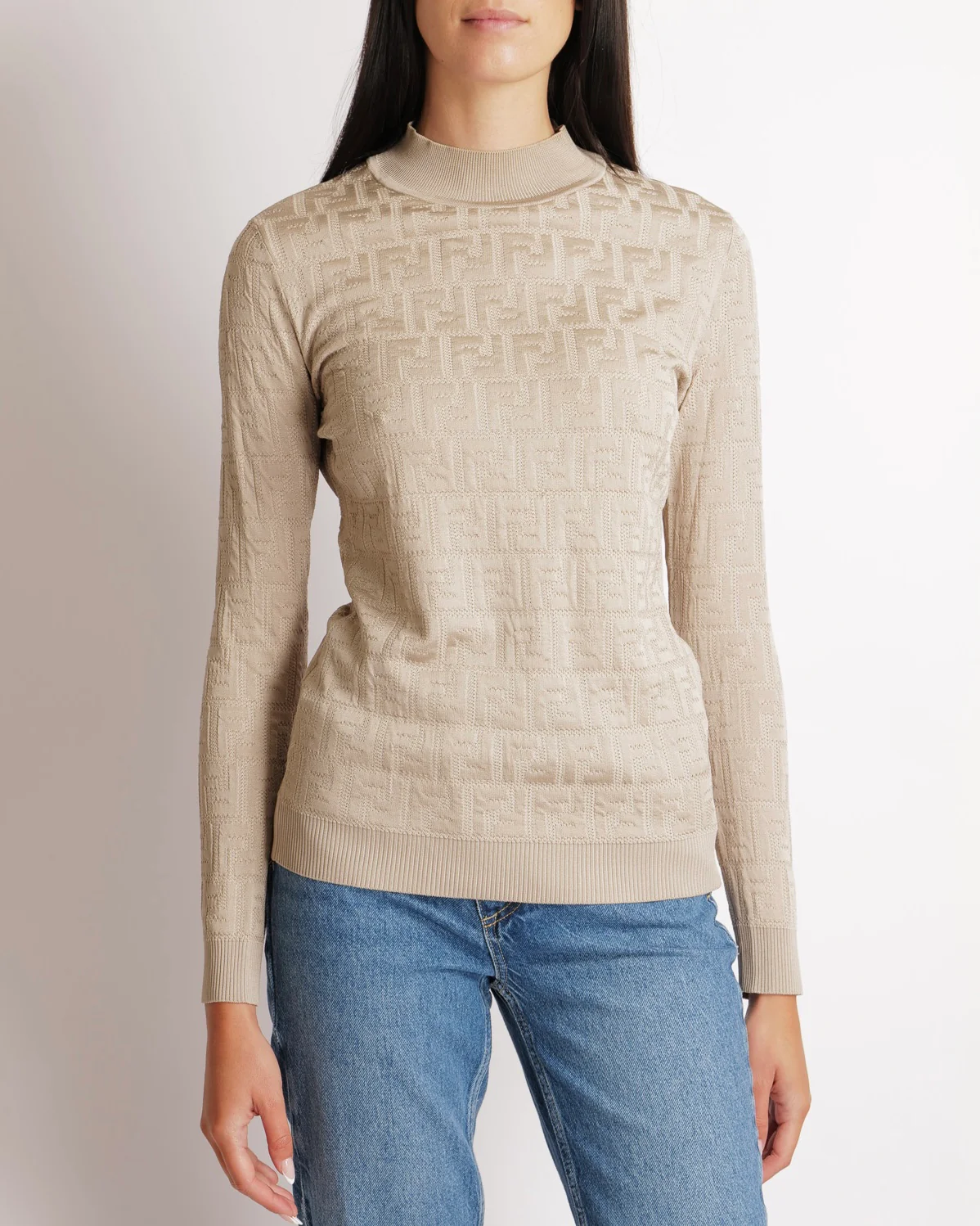 Fendi Beige FF Logo Metallic Long-Sleeve Top Size IT 42 (UK 10)
