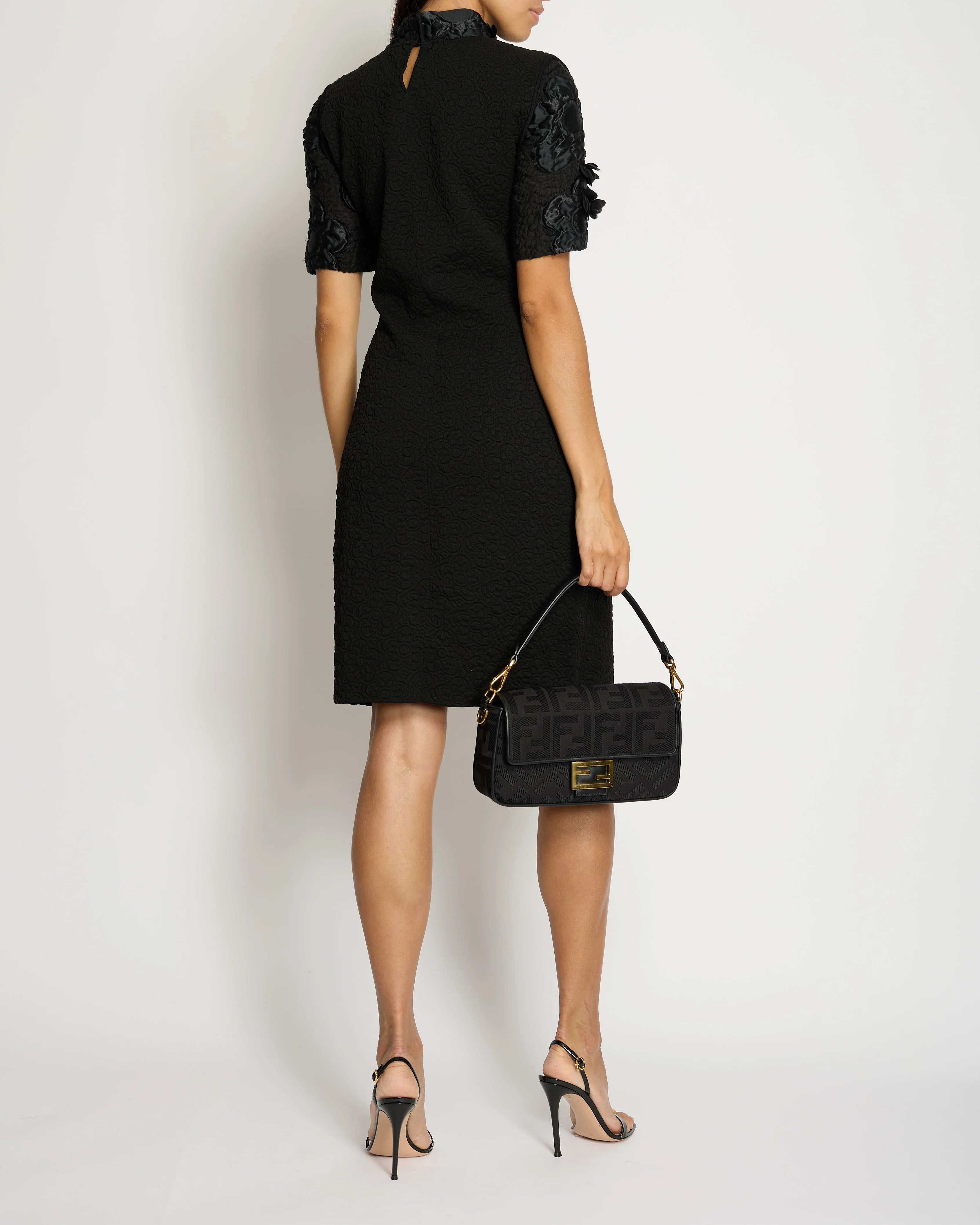 Fendi Black Short Sleeve Floral Mid-Neck Midi Dress IT 42 (UK 10) - Image 3