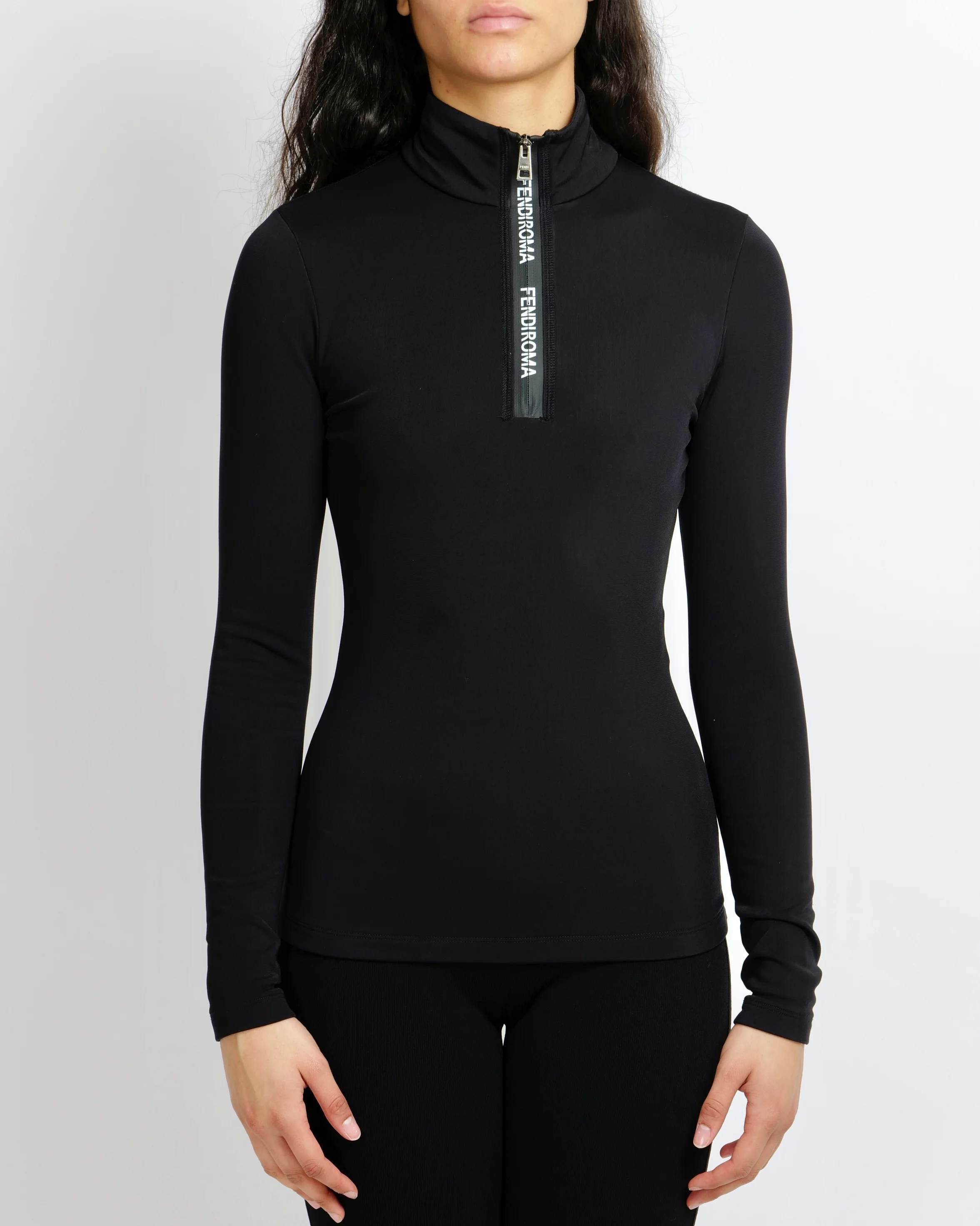 Fendi Black Technical High-Neck Top with White Logo Zipper Detail Size IT 38 (UK 6) - Image 2