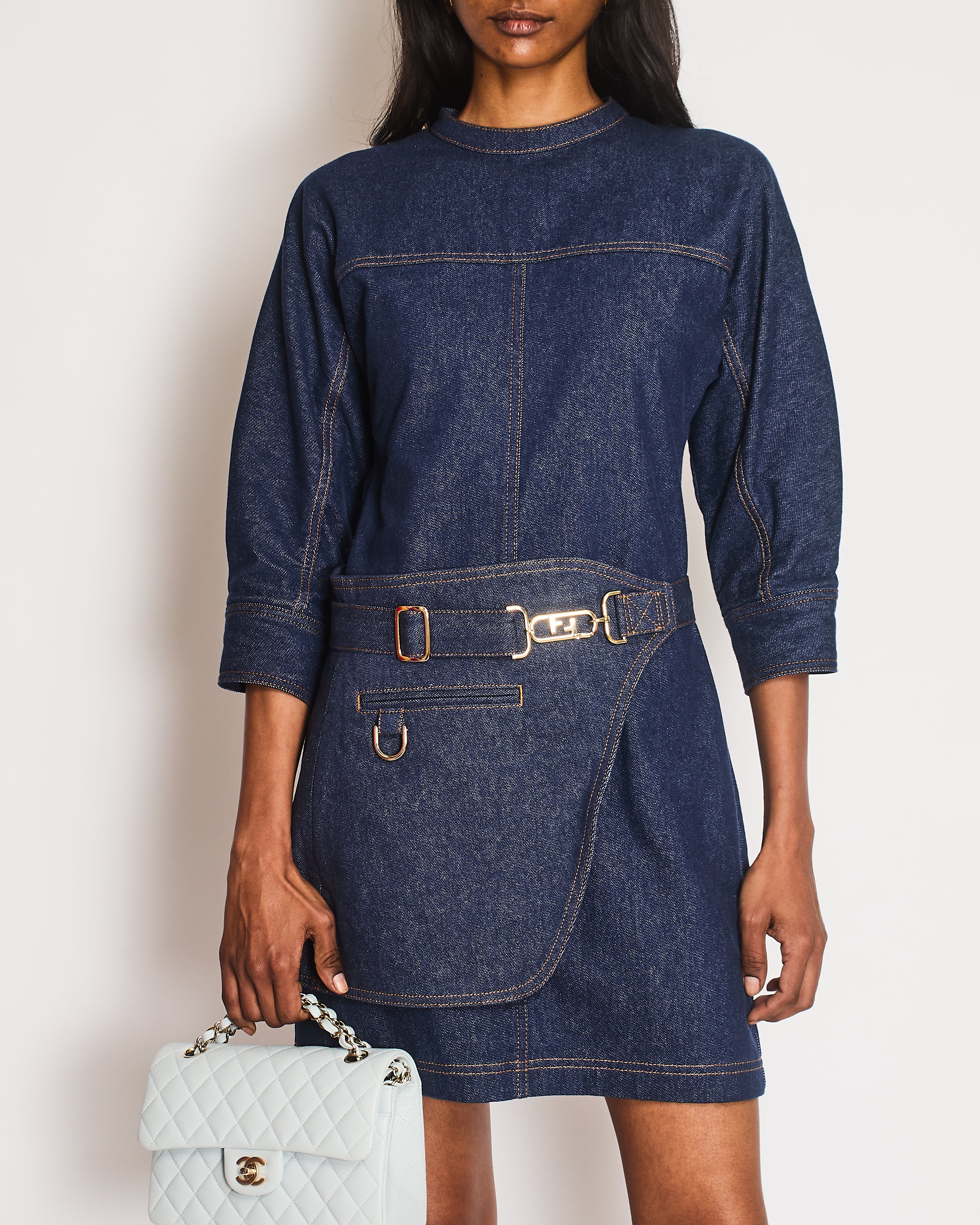 Fendi Blue Denim Long Sleeve Dress with FF Logo Belt Detail Size 38 (UK 6) - Image 2