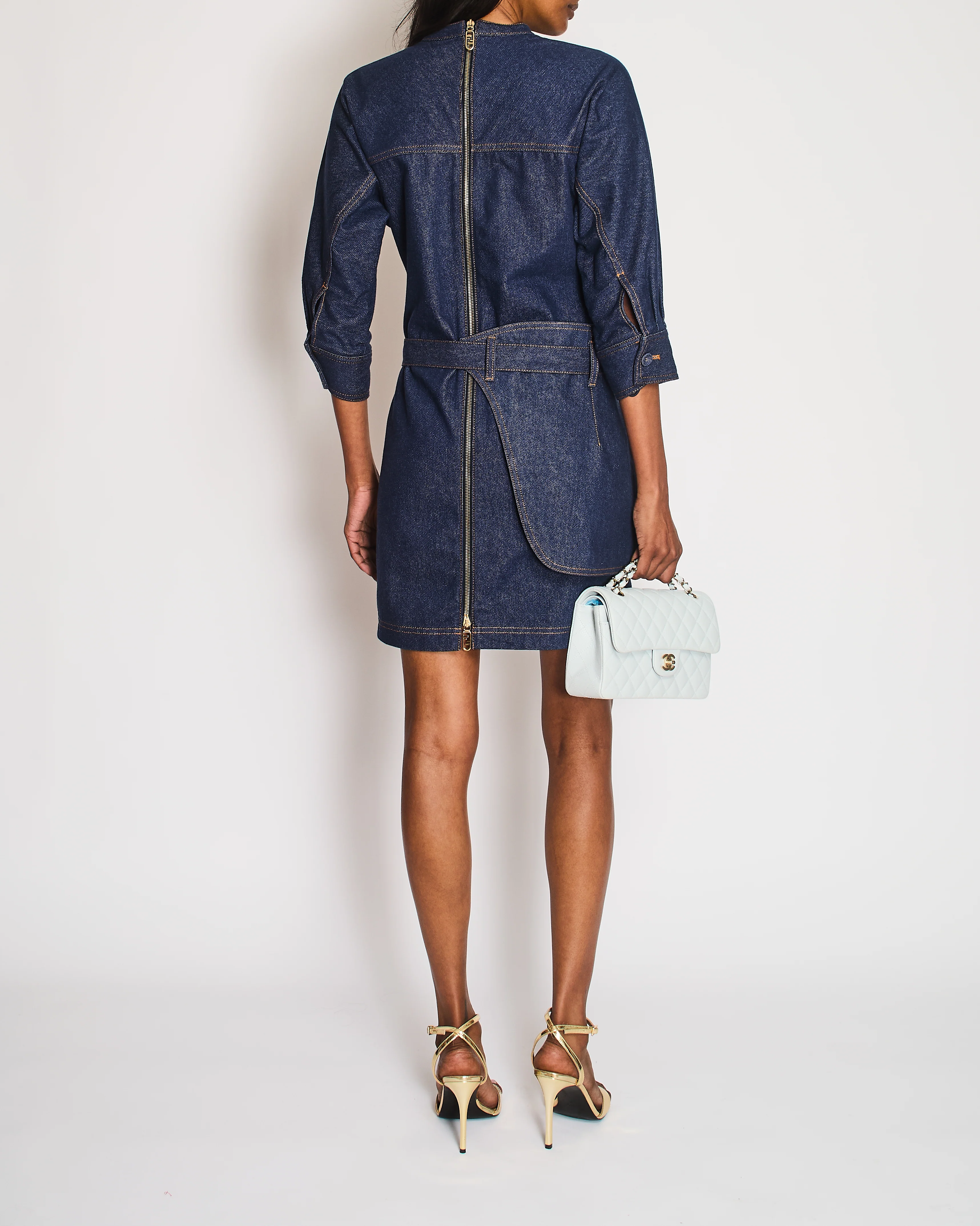 Fendi Blue Denim Long Sleeve Dress with FF Logo Belt Detail Size 38 (UK 6) - Image 3