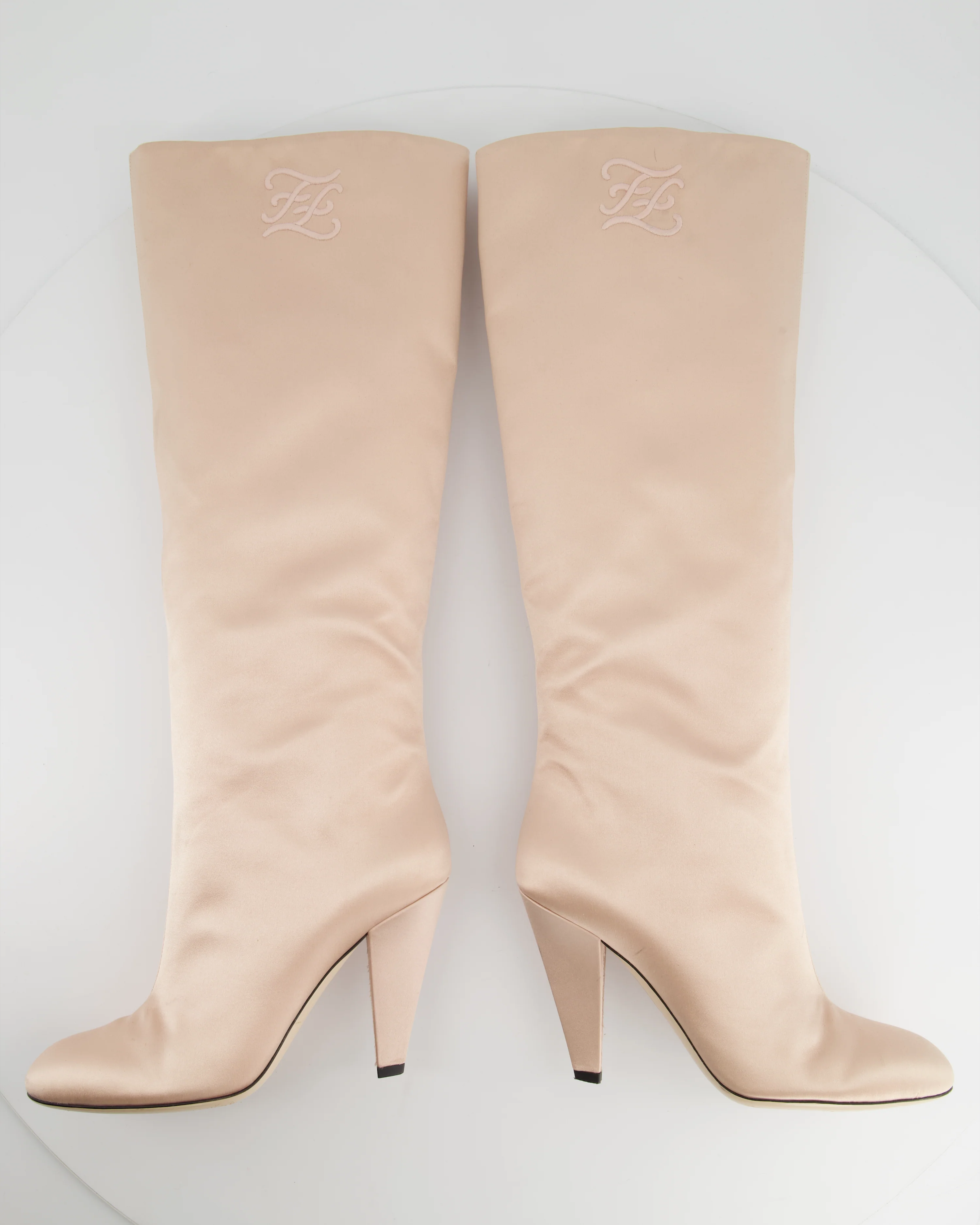 Fendi Blush Pink Satin Knee High Boots with Embroidered FF Logo Size EU 39 - Image 3