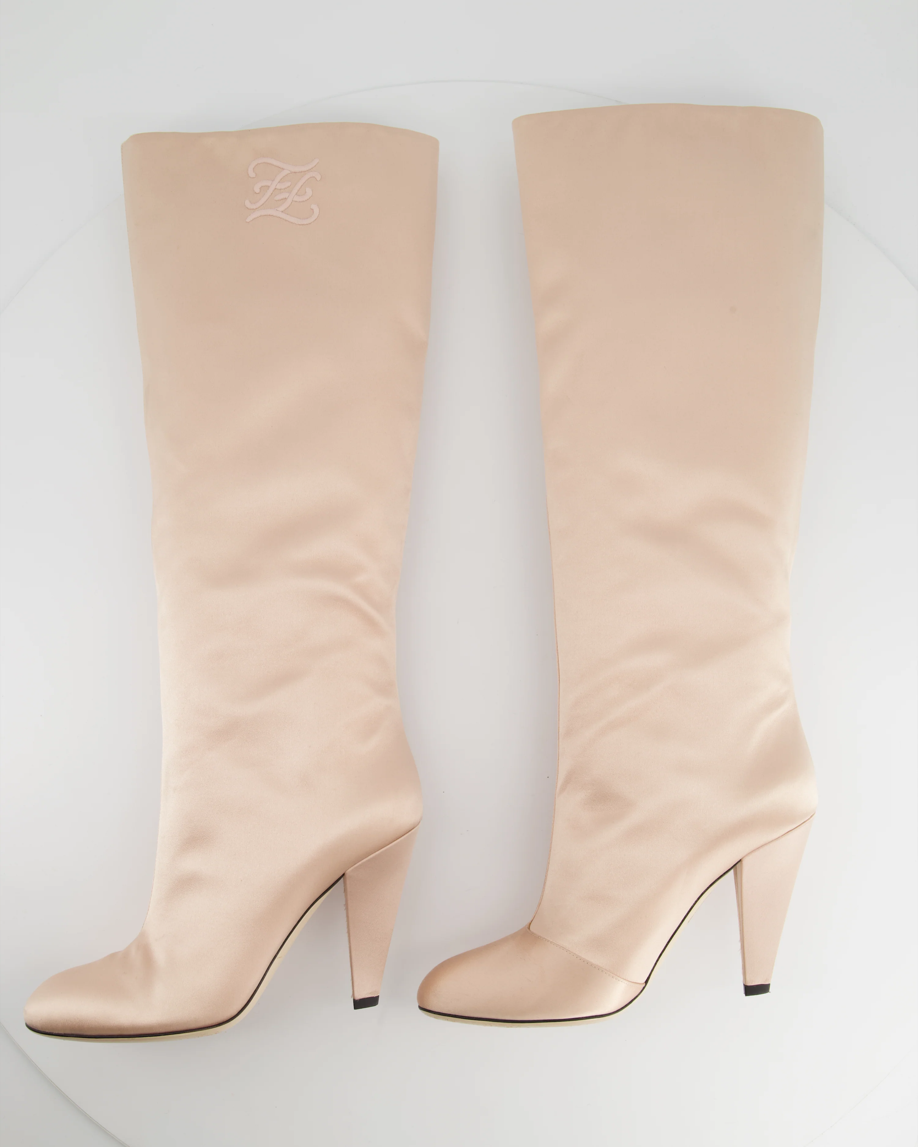 Fendi Blush Pink Satin Knee High Boots with Embroidered FF Logo Size EU 39 - Image 4