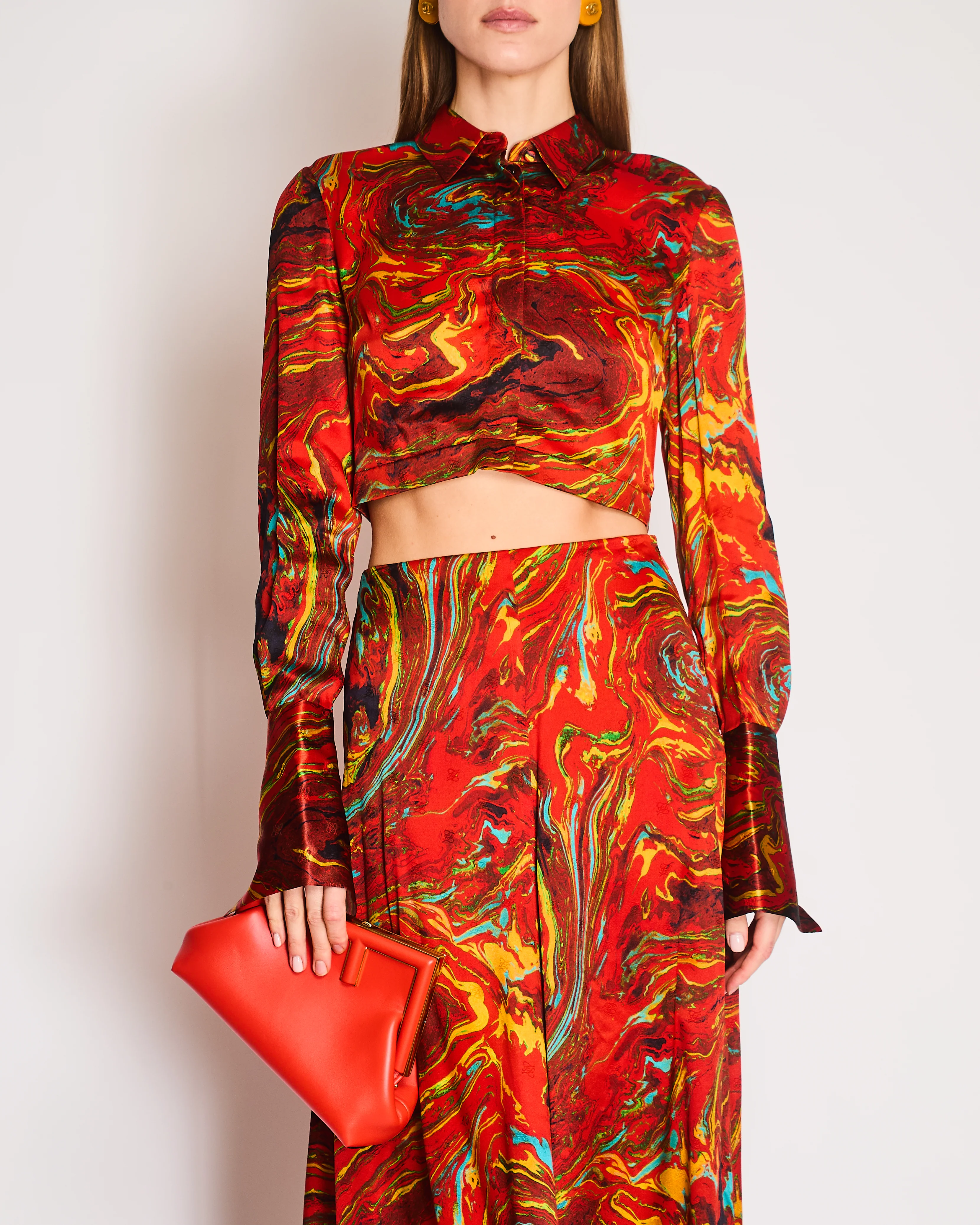 Fendi Burnt Orange Marble Print Silk Shirt and Asymmetric Midi Skirt Set with Embossed Logo Detail and Gold Logo Buttons Size IT 40 (UK 8) - Image 2
