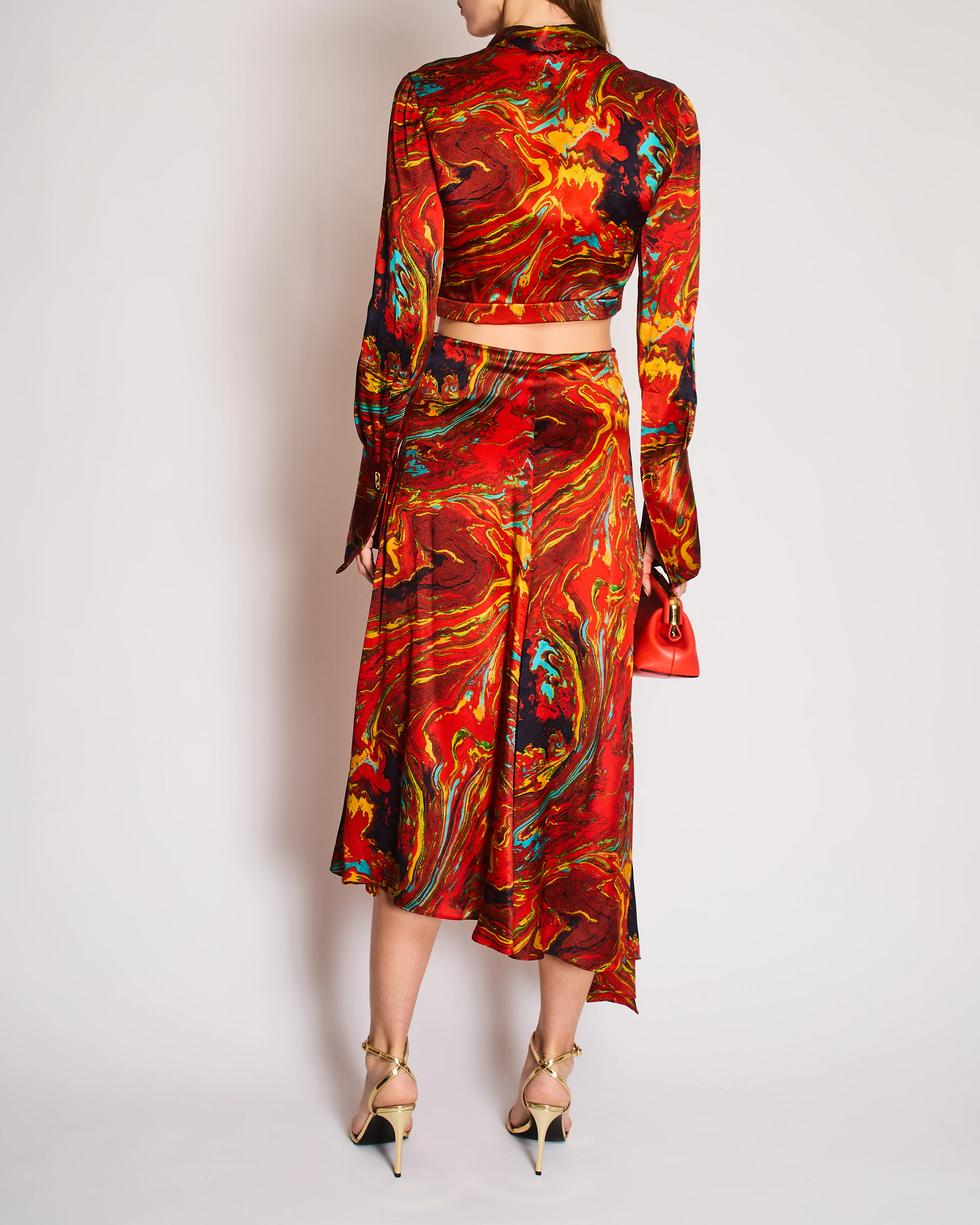 Fendi Burnt Orange Marble Print Silk Shirt and Asymmetric Midi Skirt Set with Embossed Logo Detail and Gold Logo Buttons Size IT 40 (UK 8) - Image 4