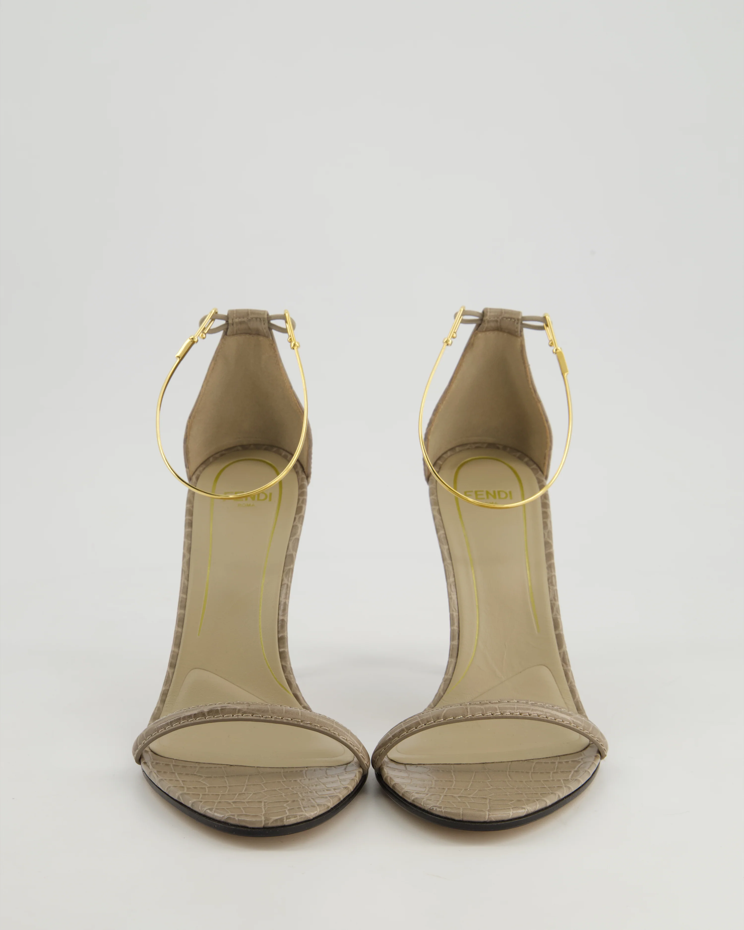 Fendi Filo Grey Embossed Sandal Heels with Gold Ankle Strap Detail Size EU 38 - Image 4