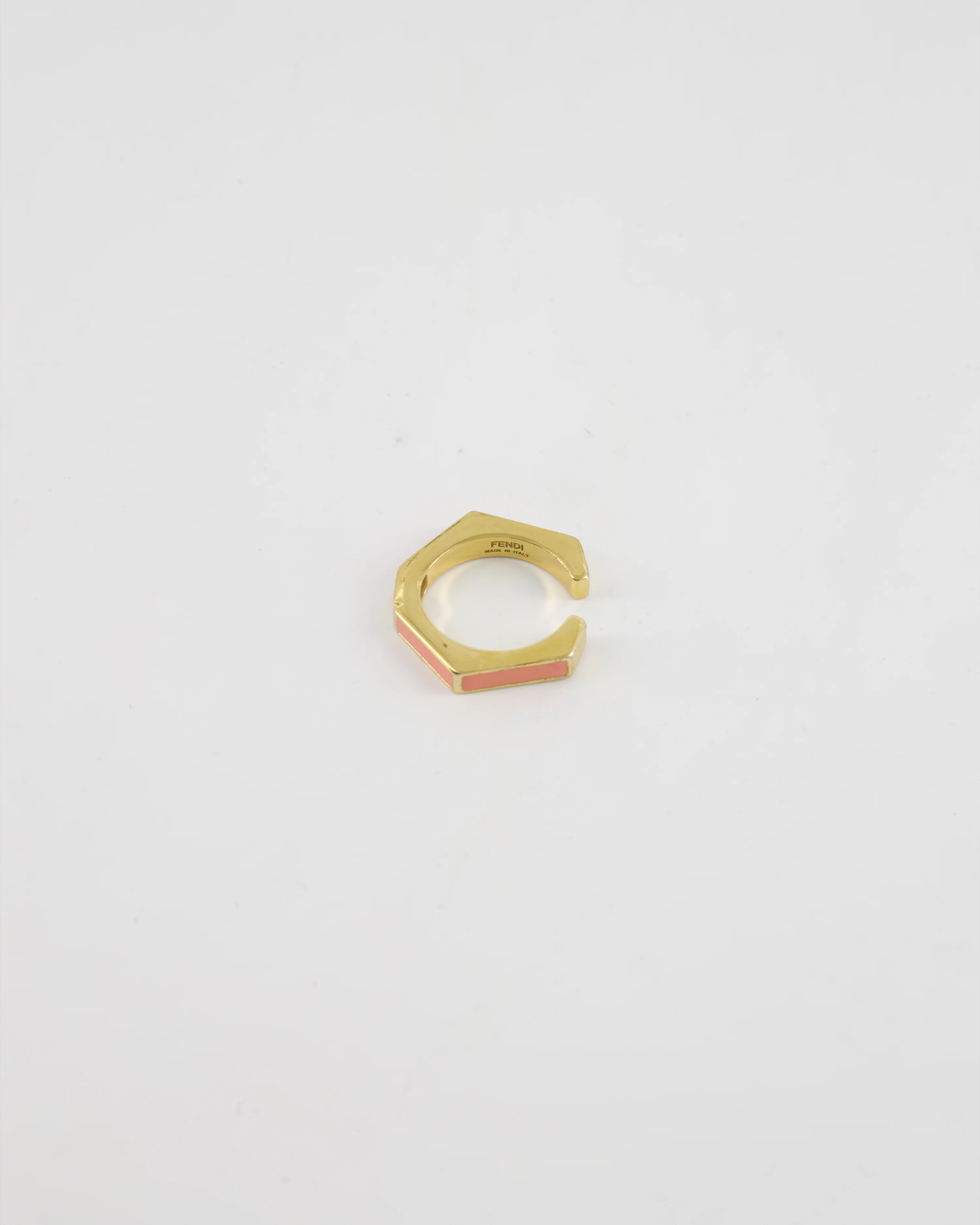 Fendi Gold Enamel Hexagonal Baguette Ring with pink Enamel Detail Size M - Image 5