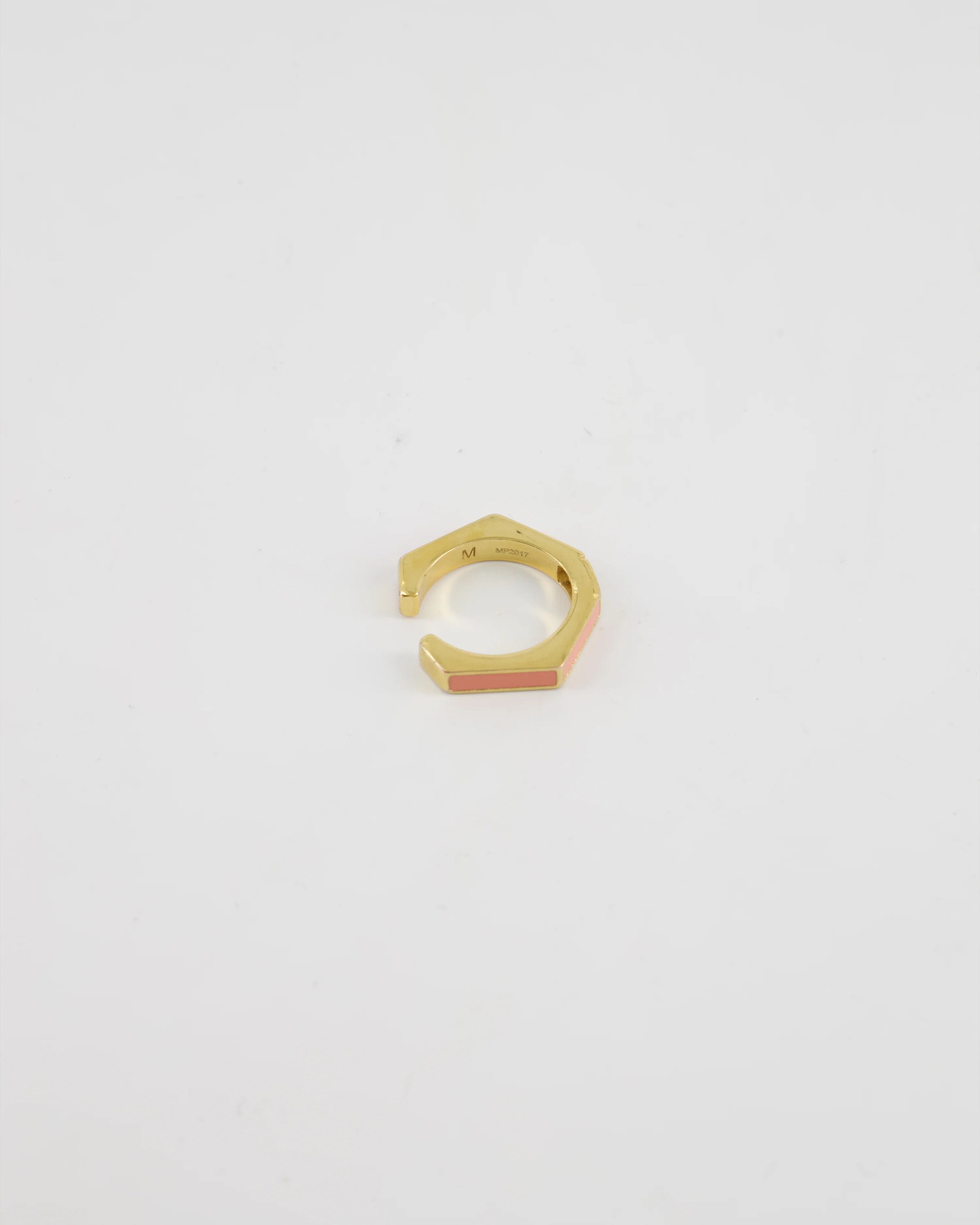 Fendi Gold Enamel Hexagonal Baguette Ring with pink Enamel Detail Size M - Image 6
