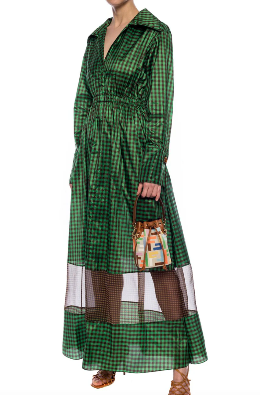 Fendi Green and Brown Silk Checked Maxi Dress with Logo Buttons Size IT 42 (UK 10) RRP £2,250 - Image 12