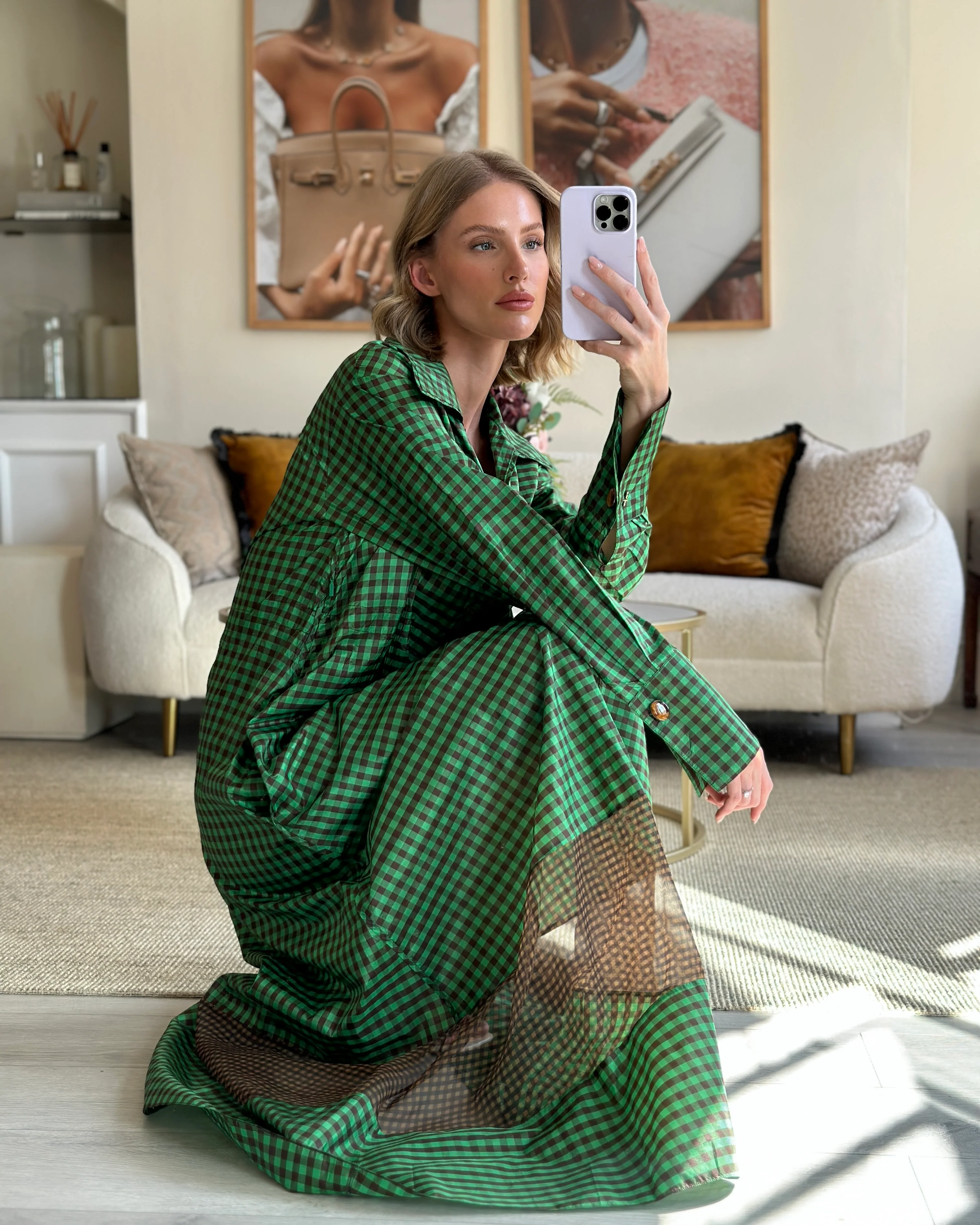 Fendi Green and Brown Silk Checked Maxi Dress with Logo Buttons Size IT 42 (UK 10) RRP £2,250 - Image 6