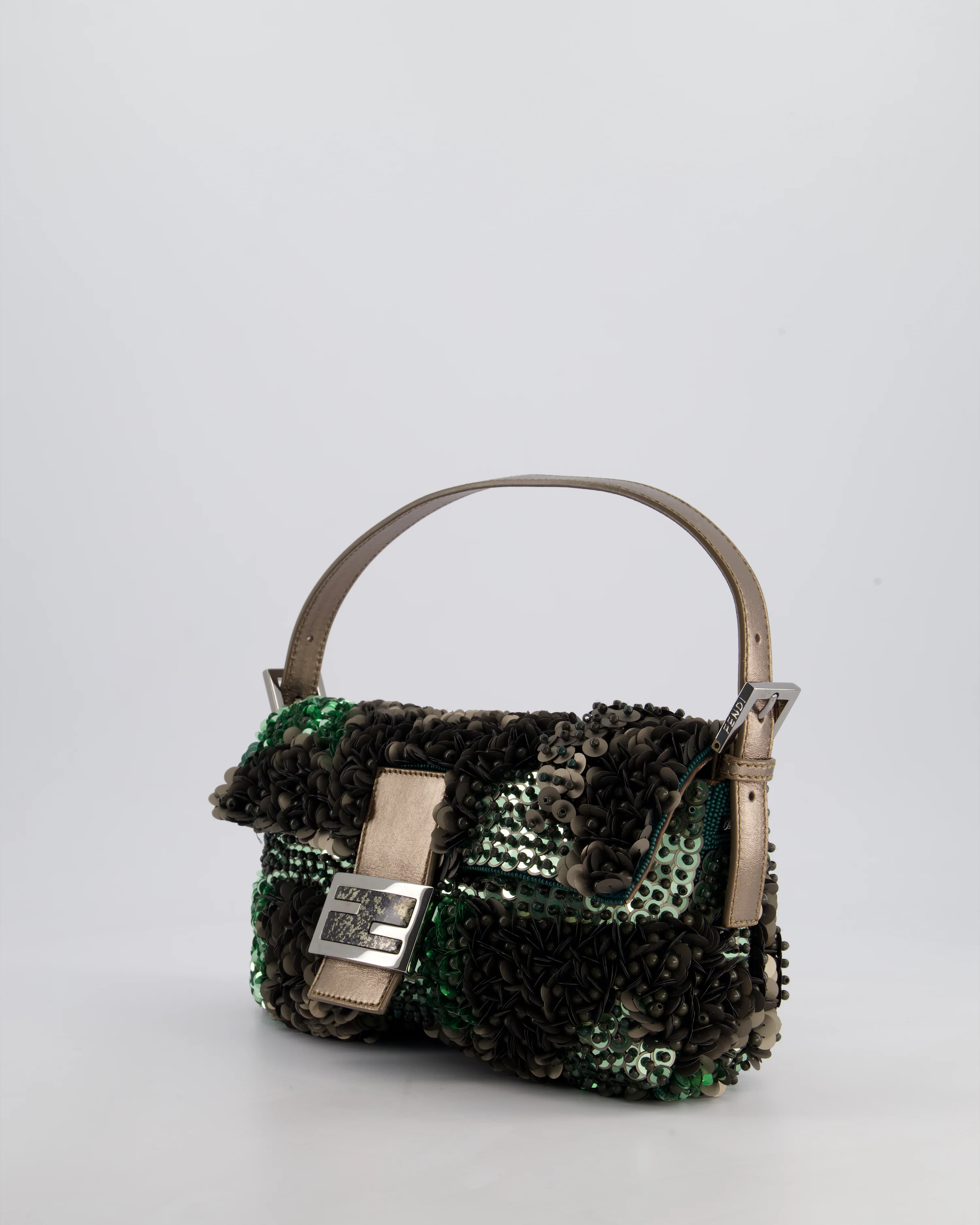 Fendi Green Metallic Sequin Beaded Baguette Bag with Metallic Leather Strap and Ruthenium Aged Hardware - Image 11