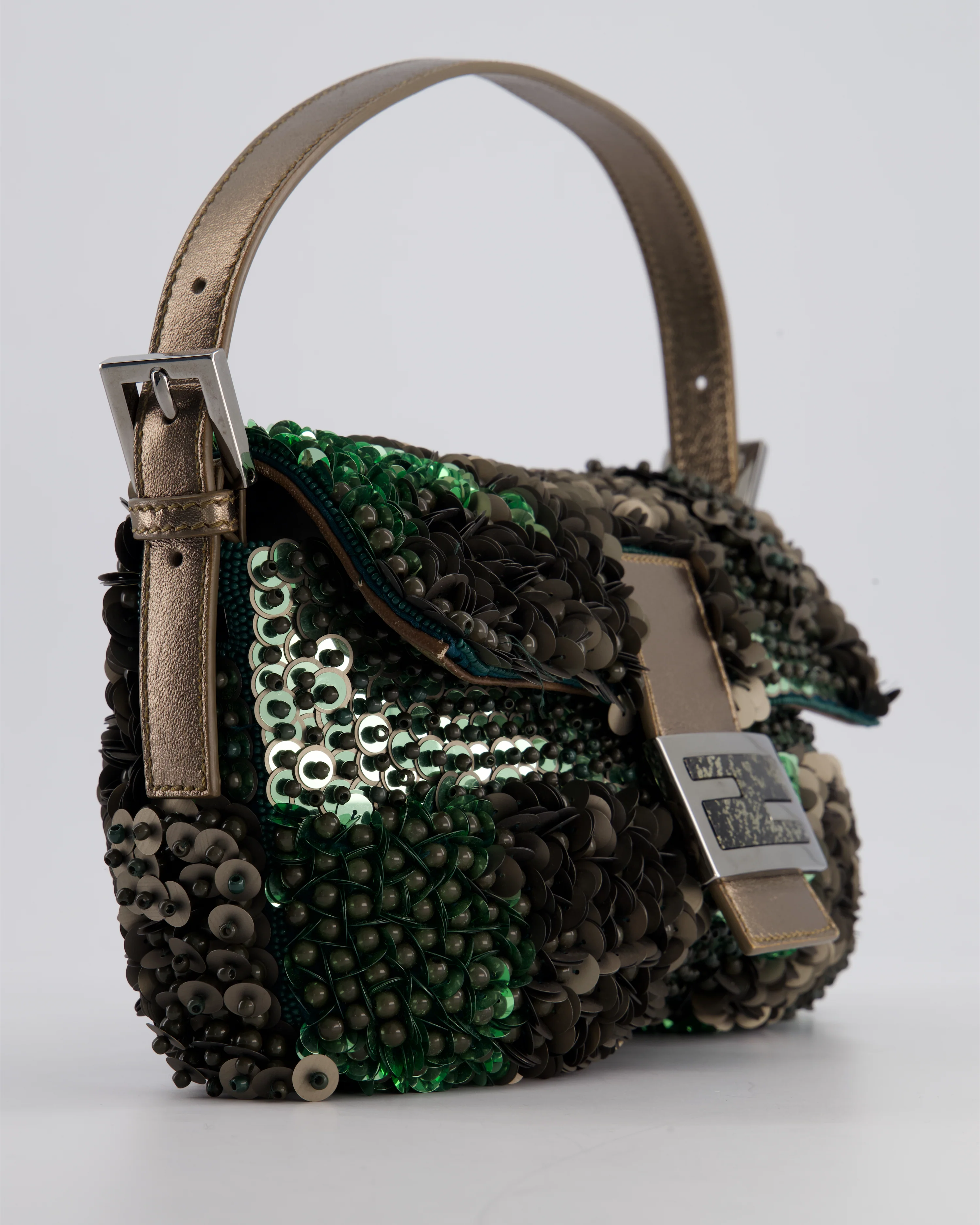 Fendi Green Metallic Sequin Beaded Baguette Bag with Metallic Leather Strap and Ruthenium Aged Hardware - Image 12