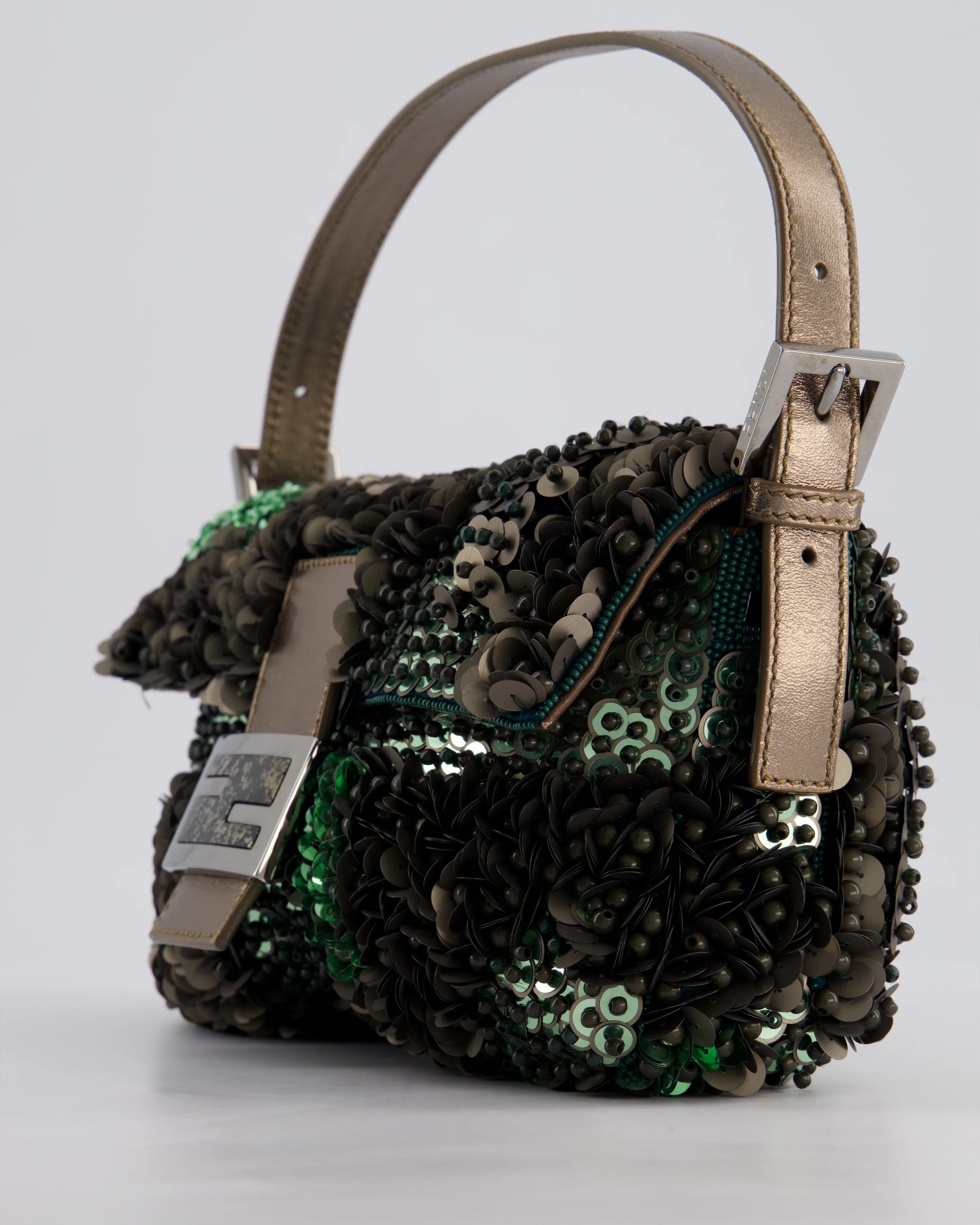Fendi Green Metallic Sequin Beaded Baguette Bag with Metallic Leather Strap and Ruthenium Aged Hardware - Image 13
