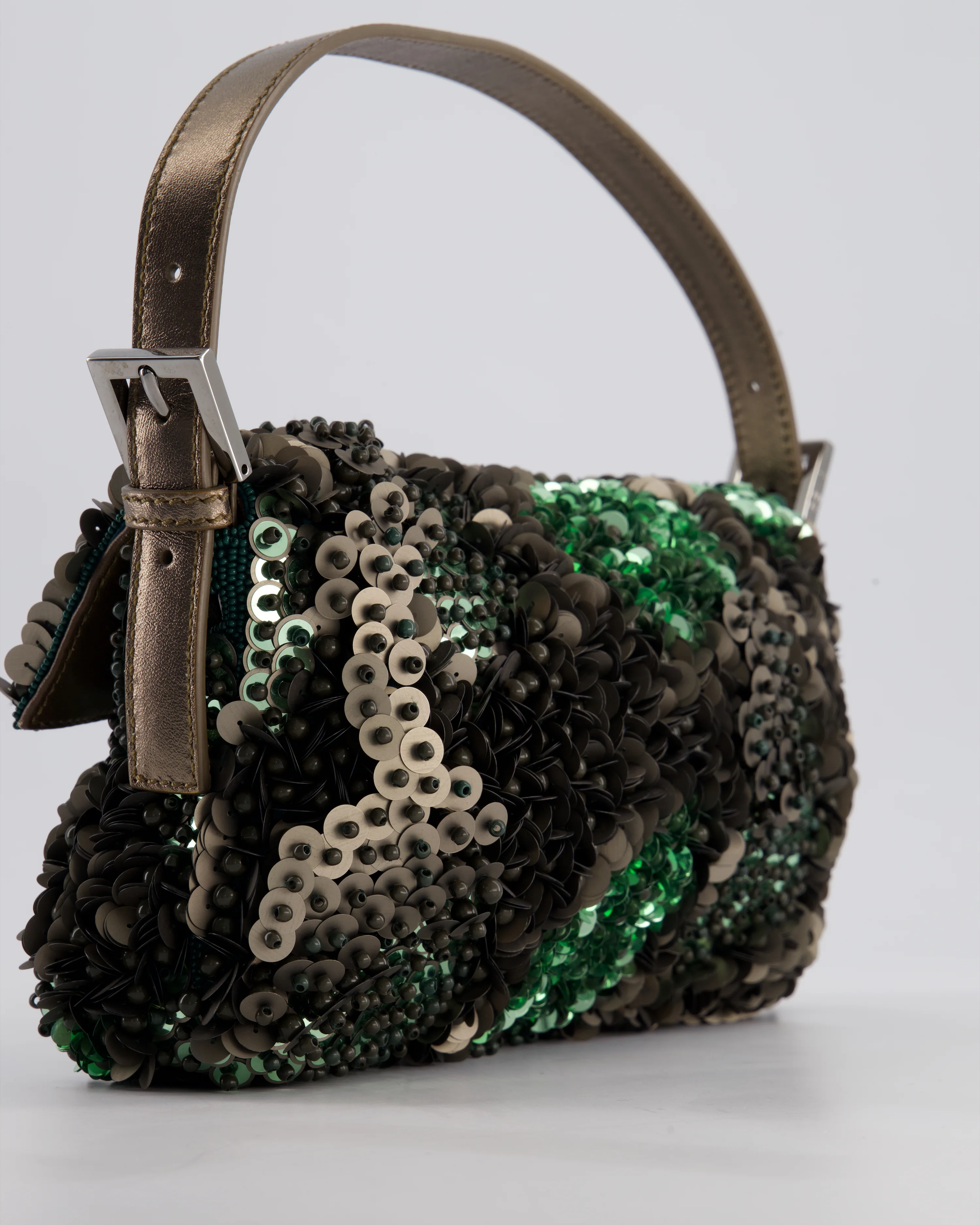 Fendi Green Metallic Sequin Beaded Baguette Bag with Metallic Leather Strap and Ruthenium Aged Hardware - Image 15