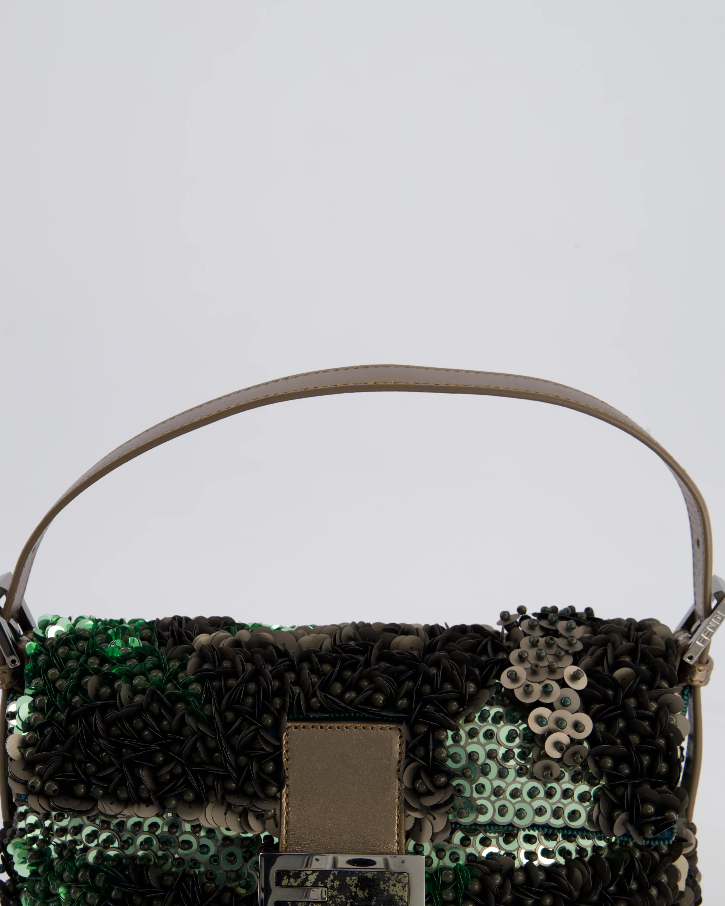 Fendi Green Metallic Sequin Beaded Baguette Bag with Metallic Leather Strap and Ruthenium Aged Hardware - Image 16