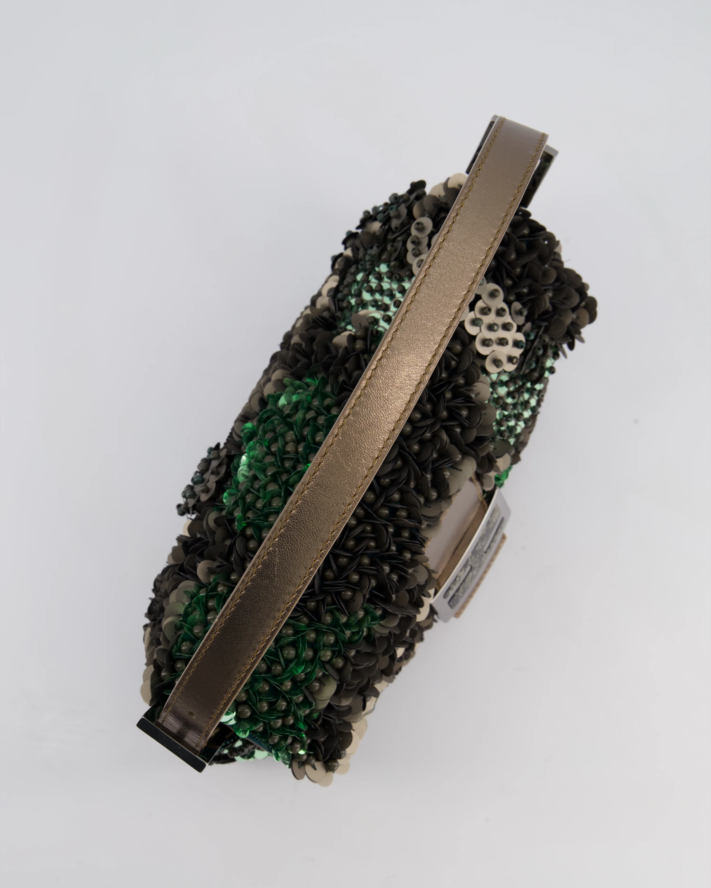 Fendi Green Metallic Sequin Beaded Baguette Bag with Metallic Leather Strap and Ruthenium Aged Hardware - Image 17