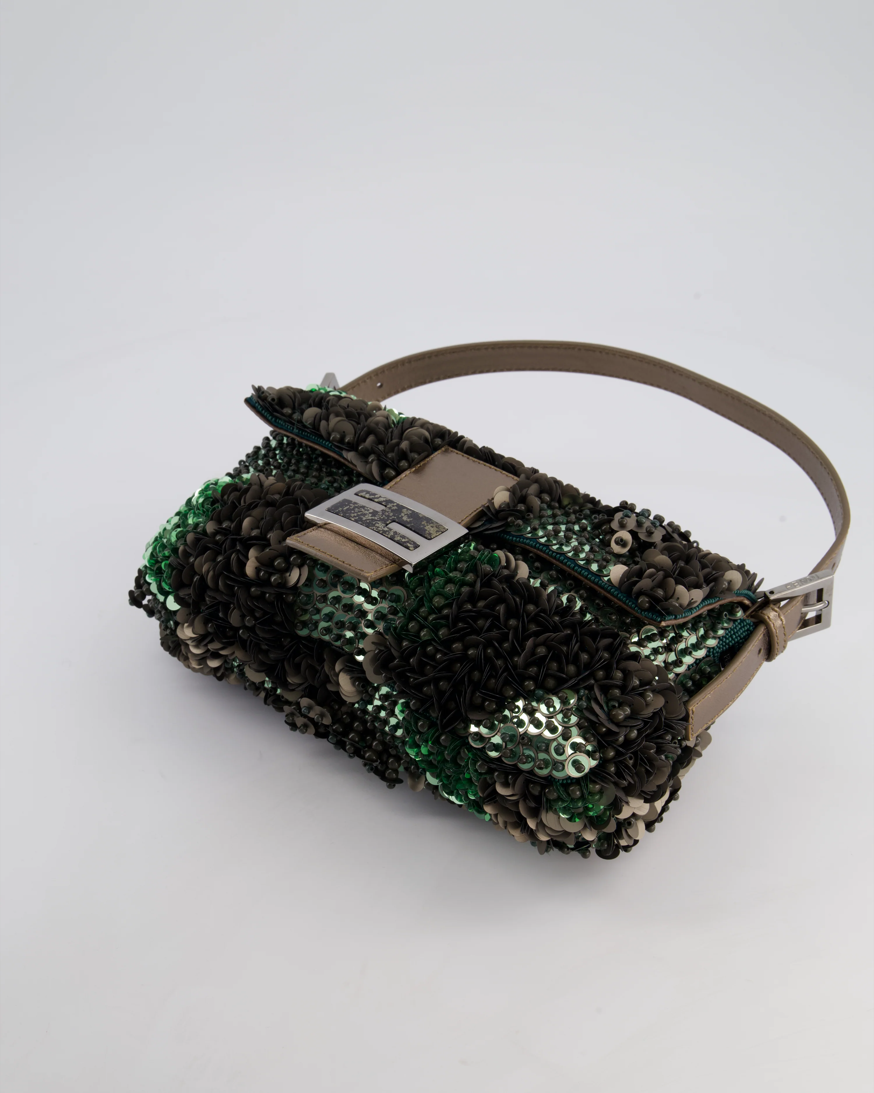 Fendi Green Metallic Sequin Beaded Baguette Bag with Metallic Leather Strap and Ruthenium Aged Hardware - Image 20