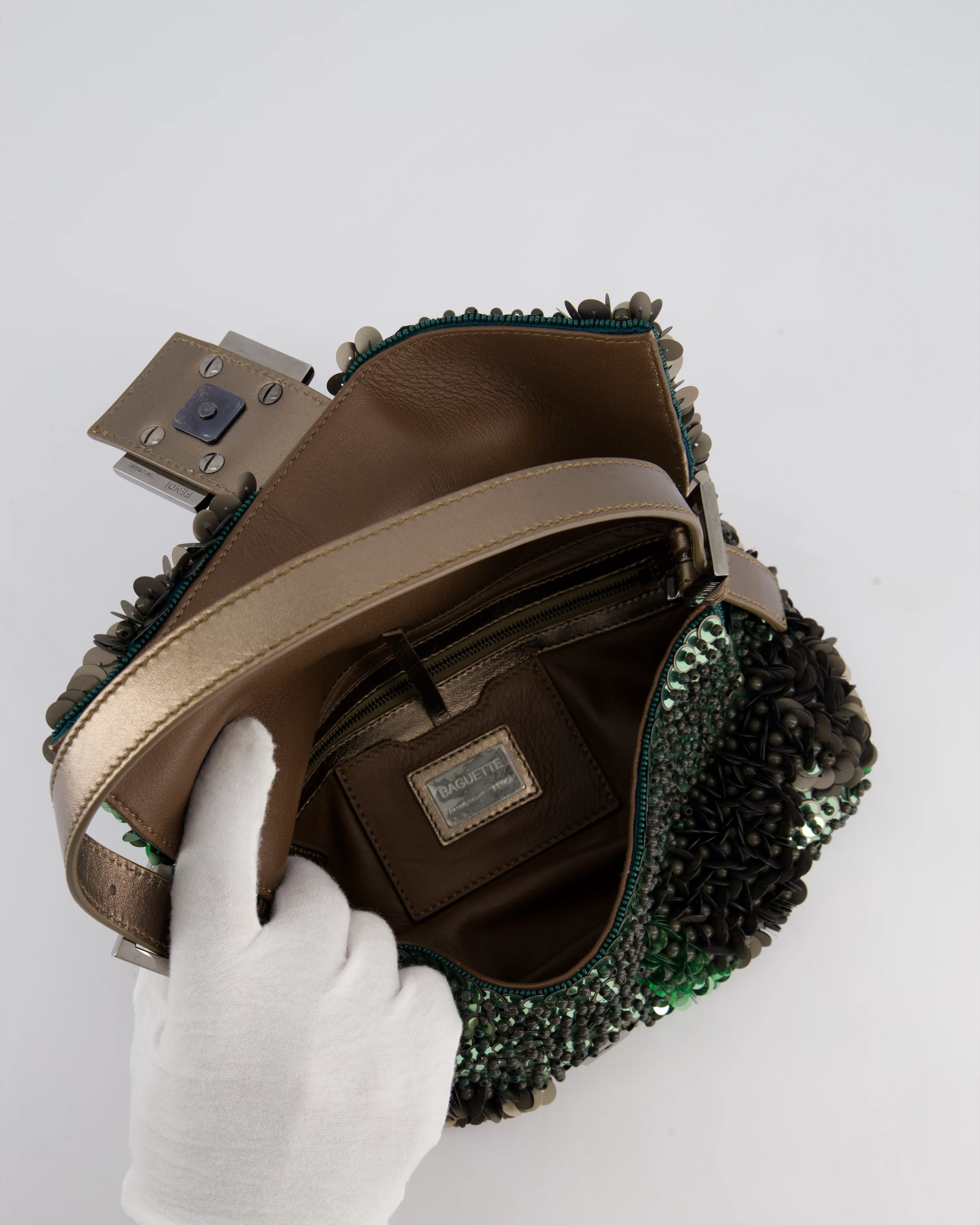 Fendi Green Metallic Sequin Beaded Baguette Bag with Metallic Leather Strap and Ruthenium Aged Hardware - Image 21