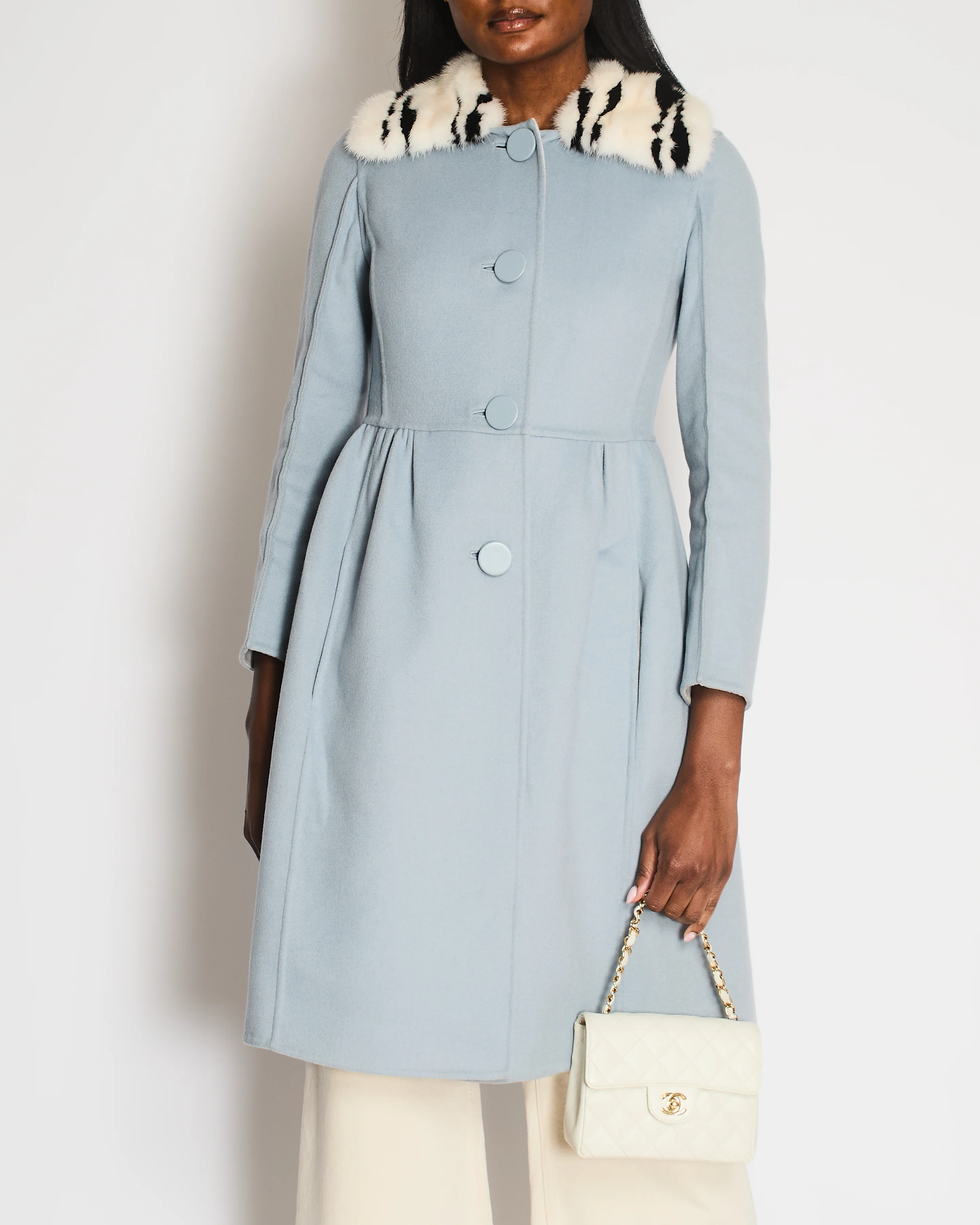 Fendi Light Blue Wool Coat with Black and White Mink Fur Collar Size IT 38 (UK 6)