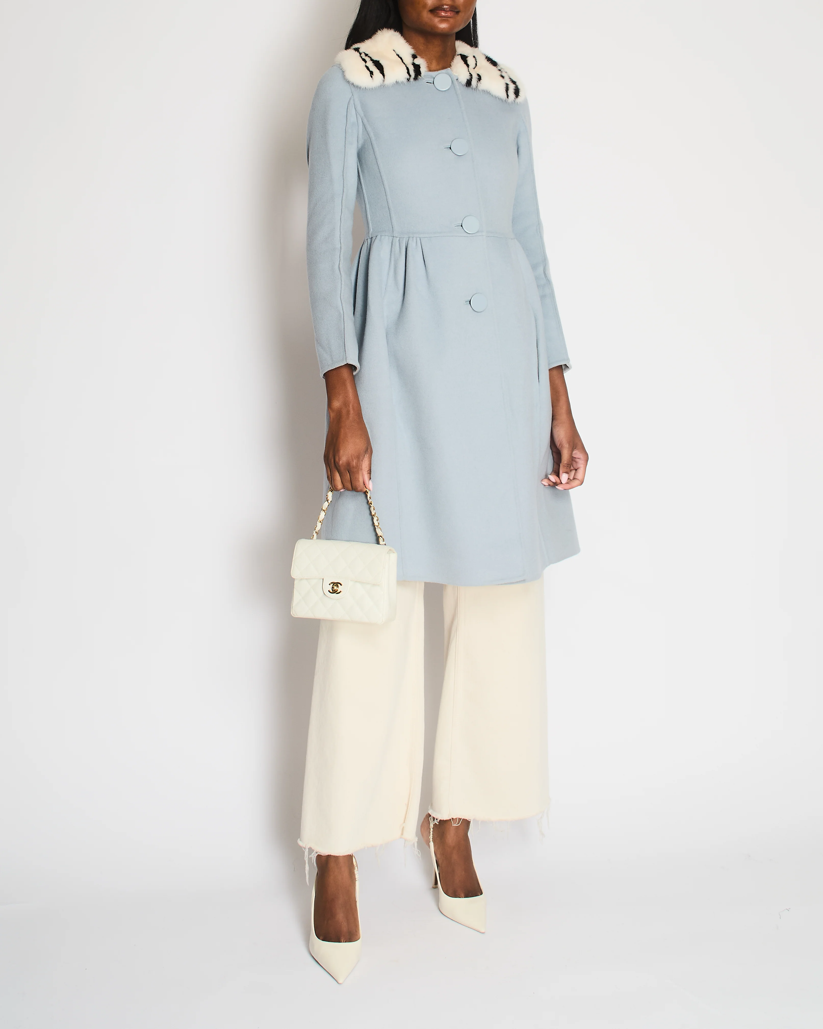 Fendi Light Blue Wool Coat with Black and White Mink Fur Collar Size IT 38 (UK 6) - Image 2