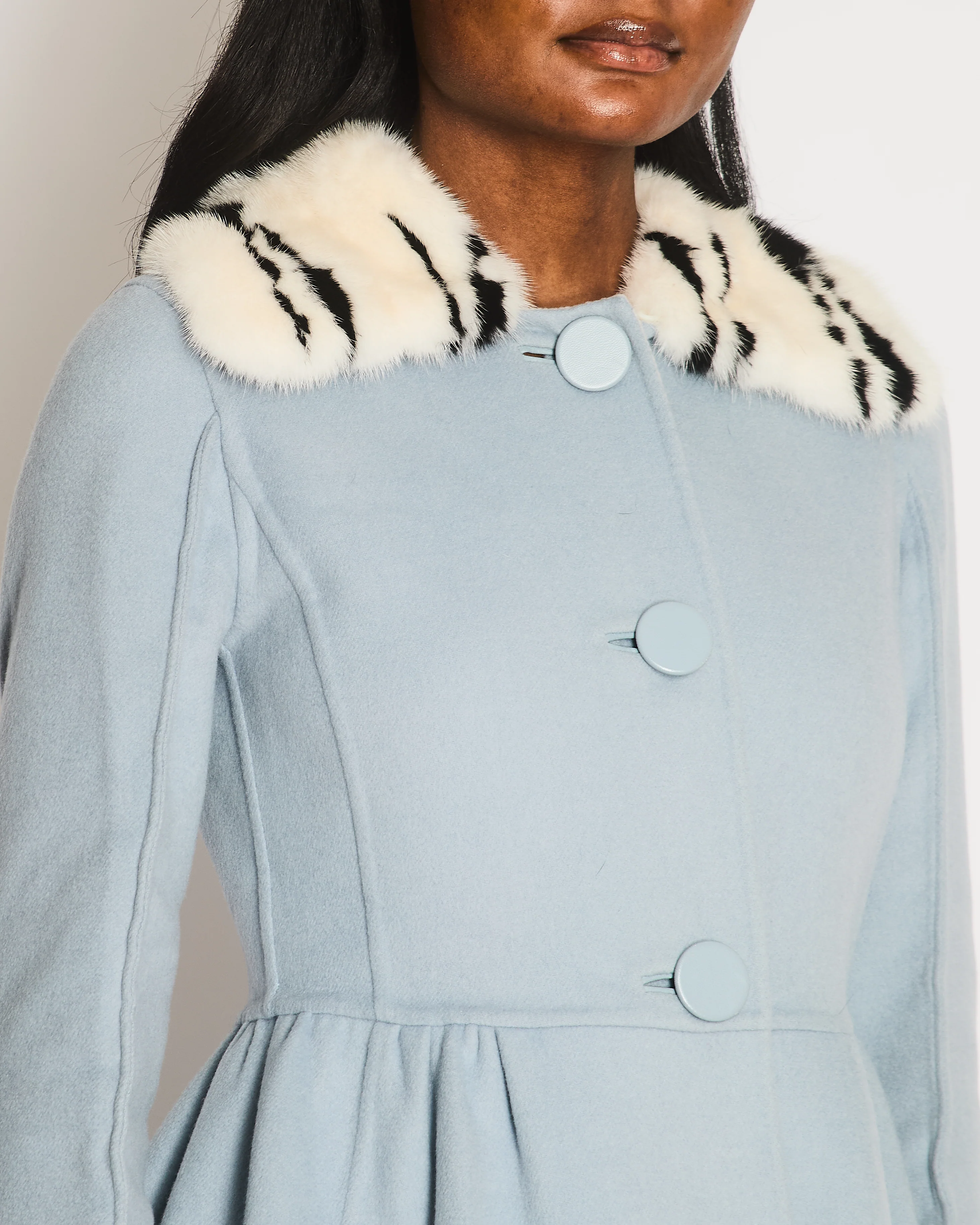 Fendi Light Blue Wool Coat with Black and White Mink Fur Collar Size IT 38 (UK 6) - Image 3