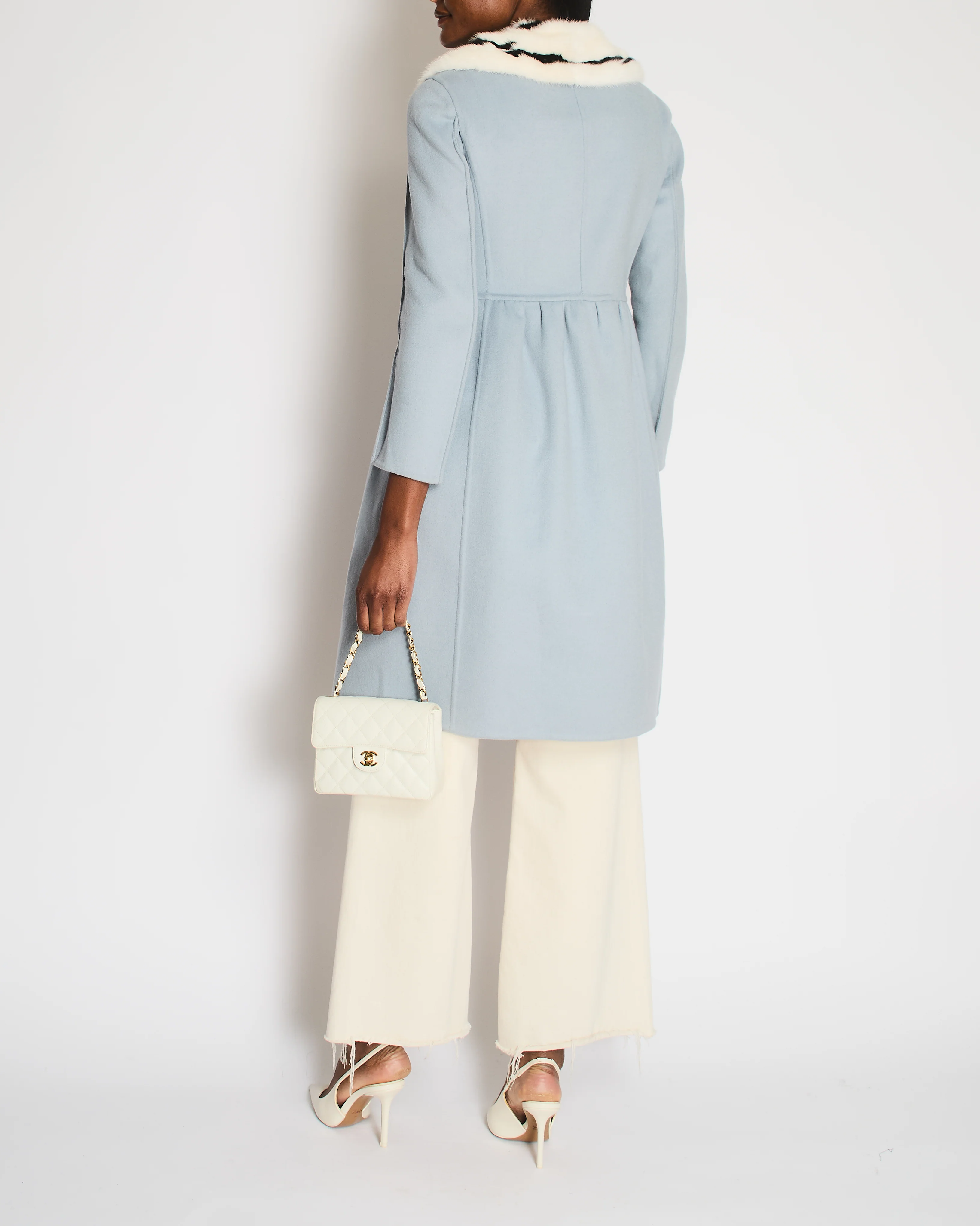 Fendi Light Blue Wool Coat with Black and White Mink Fur Collar Size IT 38 (UK 6) - Image 4