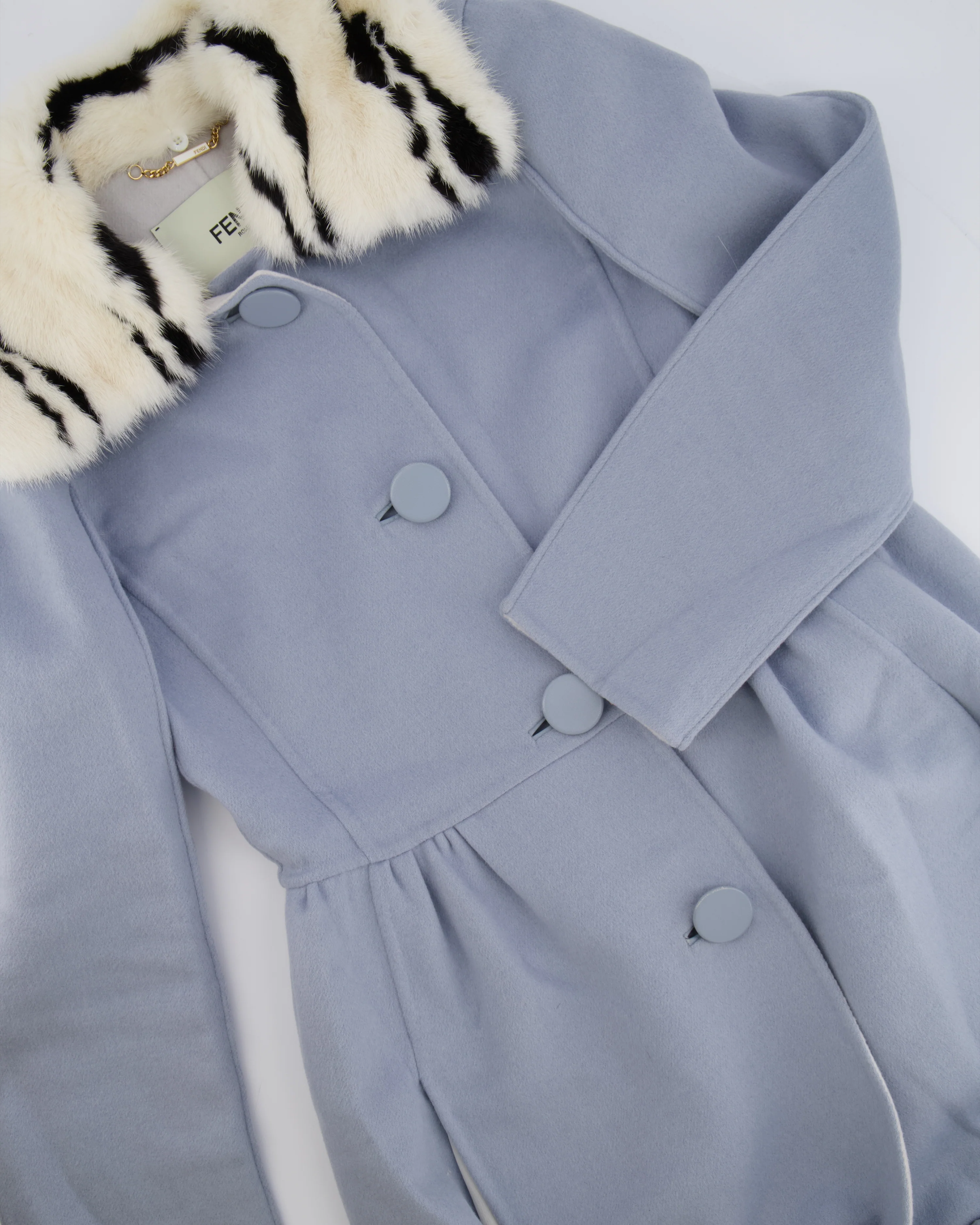 Fendi Light Blue Wool Coat with Black and White Mink Fur Collar Size IT 38 (UK 6) - Image 6